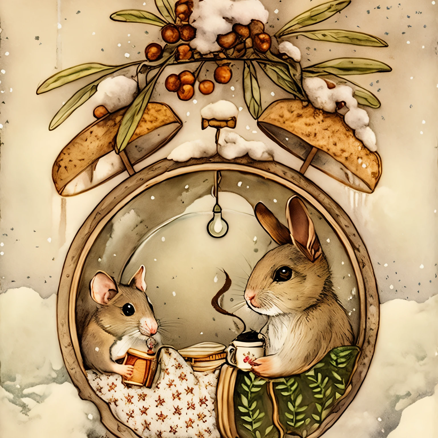 there are two mice sitting on a clock with a cup of coffee, coffee for rats, cena encantada aconchegante, cute storybook illustration, inspirado em Beatrix Potter, storybook illustration, Povo do rato, por Alice Rahon, storybook illustation, Tiny rats living inside, Direction: Zsuzsa Máthé, Direction: Suzy Rice, globo de neve, Direction: Irene Bache
