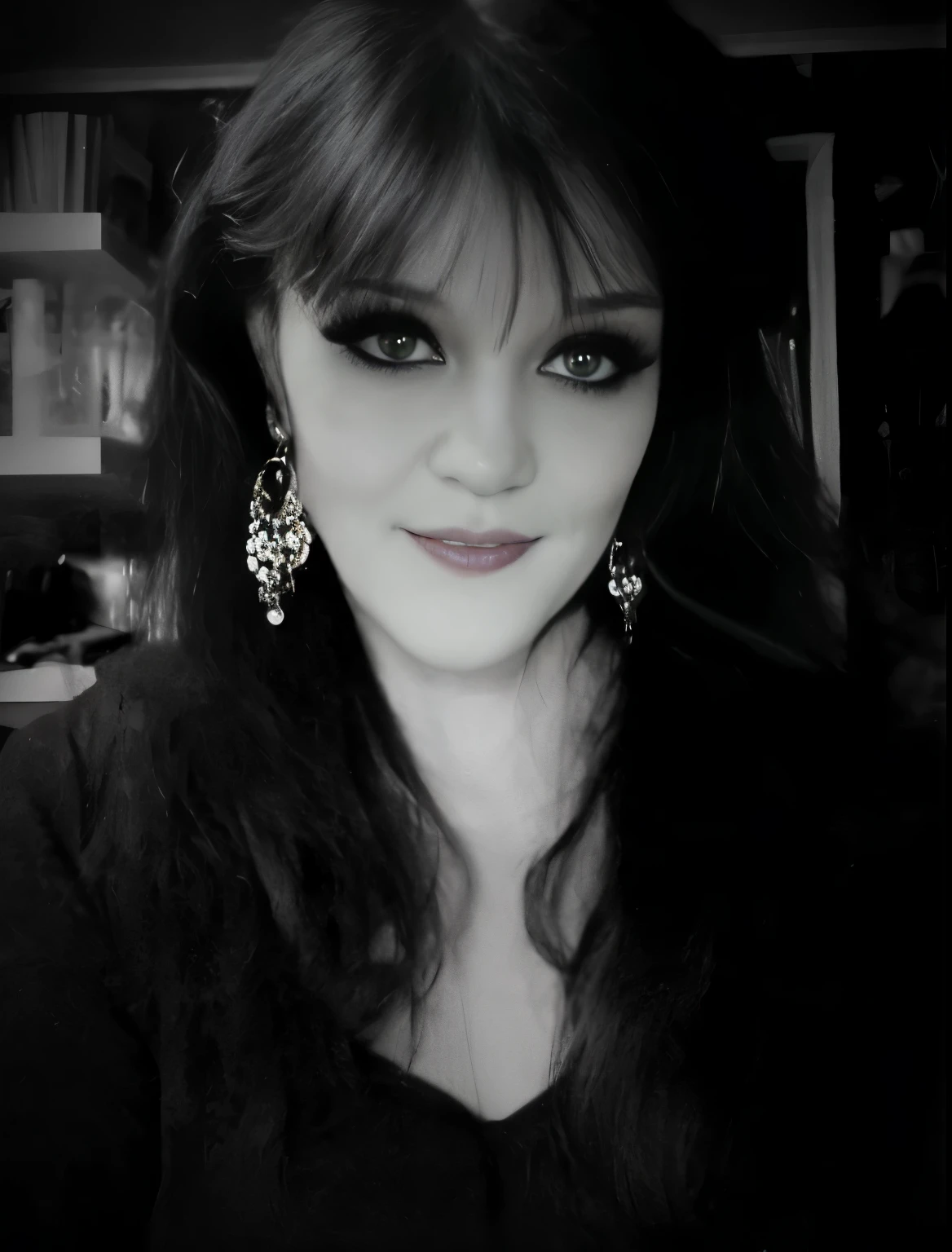 arafed woman with long hair and earrings posing for a picture, inspired by Kati Horna, wearing goth makeup, with haunted eyes and dark hair, gothic horror vibes, morticia addams, goth woman, profile image, inspired by Grethe Jürgens, inspired by Dorothy Lockwood, with bewitching eyes, inspired by Chica Macnab