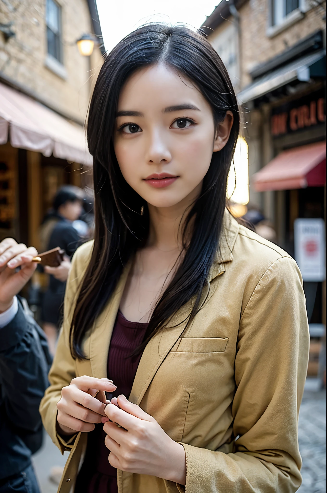  (8K, RAW photo, highest quality, masterpiece:1.3), (realistic, photo-realistic:1.4), (Highly detailed 8K wallpaper), sharp focus, Depth of written boundary,
 japanese idol,very cute, (coat:1.3),(Medium hair: 1.3), Upper body, highly detailed face and eyes,((shiny skin:1.2)), cinematic lighting, soft light, blur background,( An old European village street in the early morning, cobblestone roads, with a bakery emitting a warm glow and inviting aroma.)