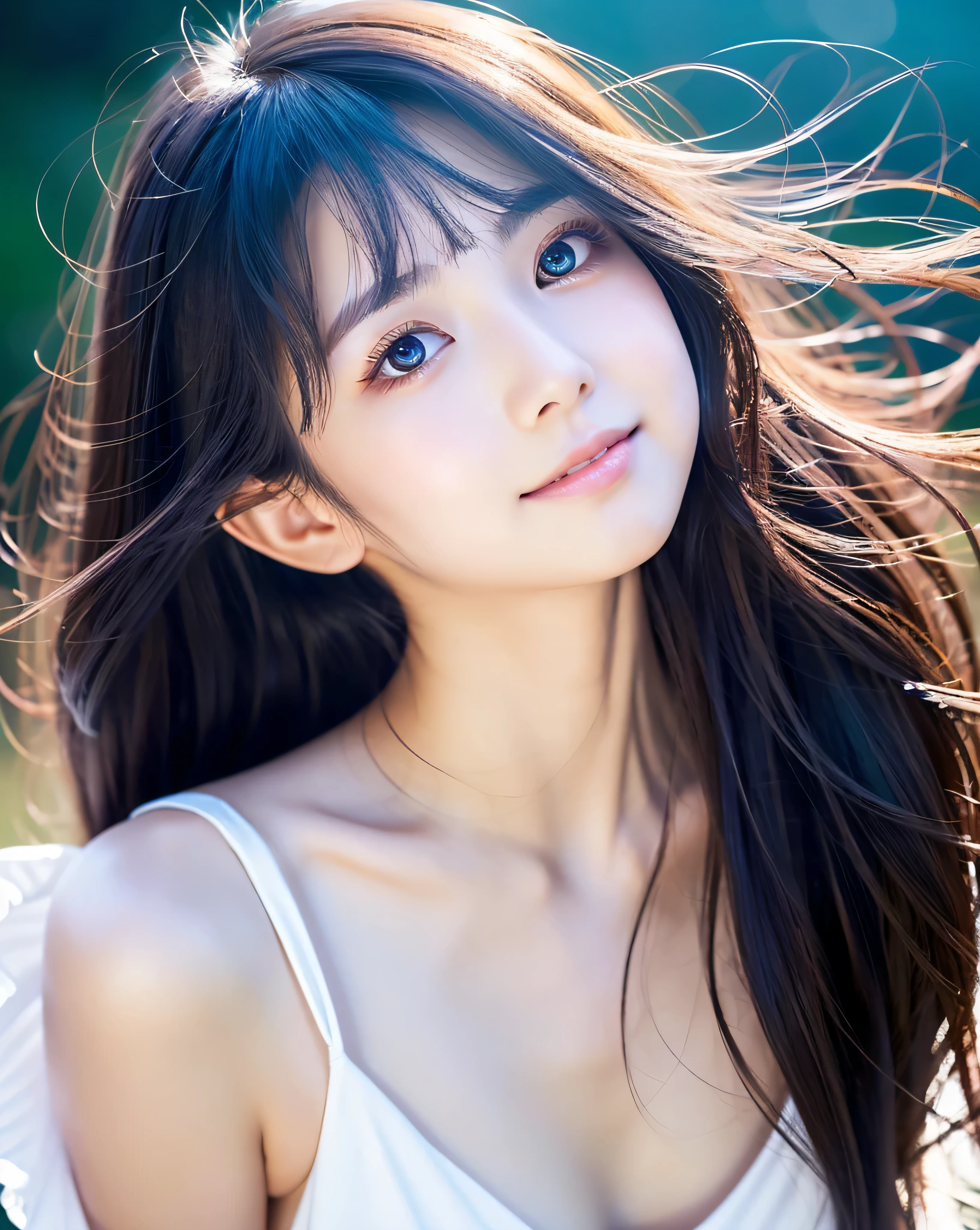 beautiful japanese girl　18-year-old　big magic eyes　detailed beautiful eyes　Black hair with iridescent reflections　Long hair with messy details　asymmetrical bangs　pale pink lip　bright makeup　smooth soft skin　gentle smile　Angel White Dress　Detailed and perfect clavicle　beautiful high resolution breasts　soft and plump breasts　dense and beautiful legs　starry sky　milky way　professional lighting　professional photographer