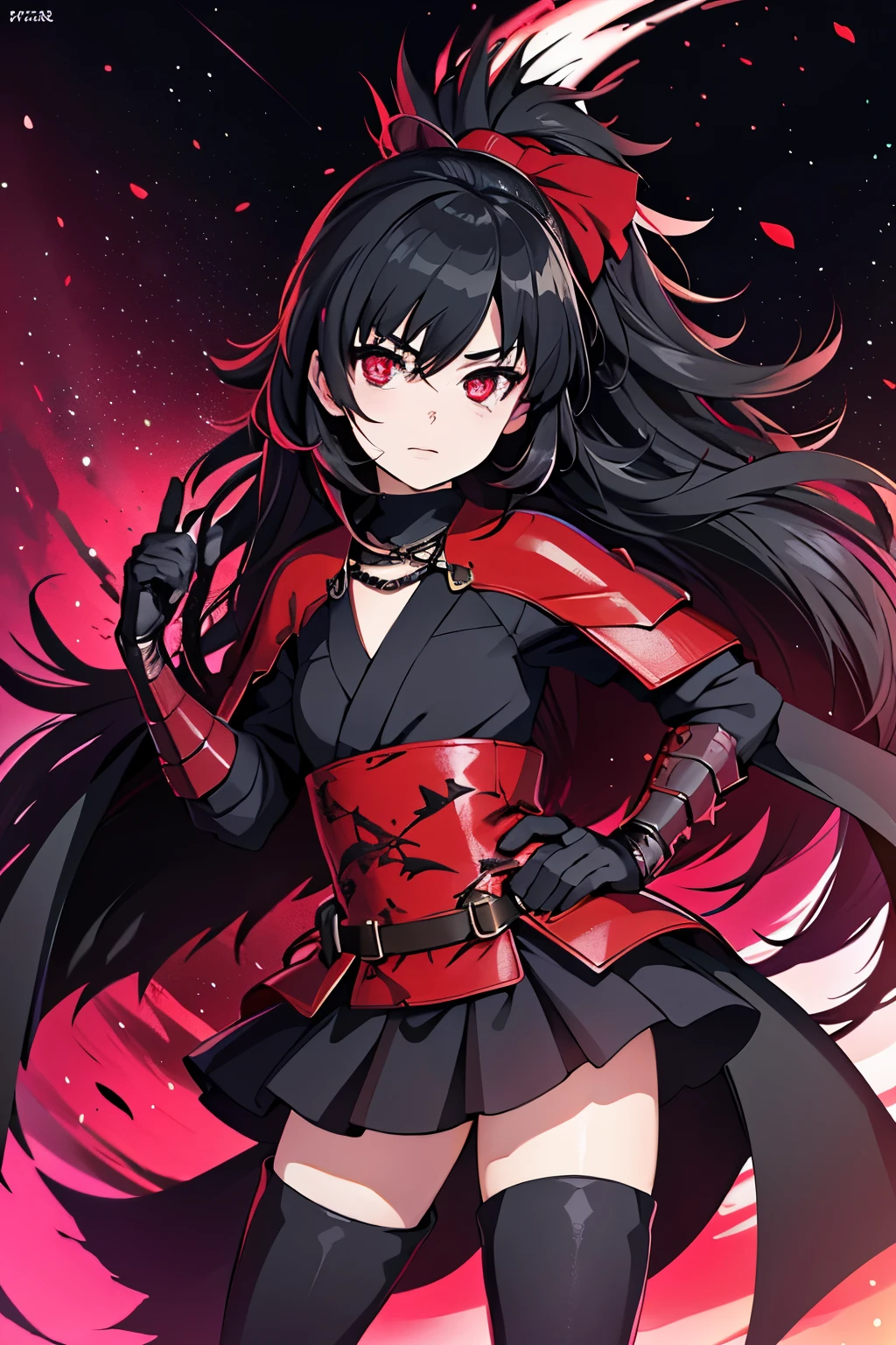 Anime, Girl, (((1girl))), (((Waifu, Raven Branwen, Raven Branwen Waifu))), (((Black Hair, Messy Hair))), ((Crimson Red Eyes eyes: 1.3, Upturned Eyes: 1, Perfect Eyes, Beautiful Detailed Eyes, Gradient eyes: 1, Finely Detailed Beautiful Eyes: 1, Symmetrical Eyes: 1, Big Highlight On Eyes: 1.2)), (((Lustrous Skin: 1.5, Bright Skin: 1.5, Skin Fair, Shiny Skin, Very Shiny Skin, Shiny Body, Plastic Glitter Skin, Exaggerated Shiny Skin, Illuminated Skin))), (Detailed Body, (Detailed Face)), Young, ****ta, (Best Quality), (((Bicep-high Gauntlets, Armored Boots, Thigh-high Heeled Boots, Armored Gauntlets))), (((Battle Kimono))), (((Skirt))), High Resolution, Sharp Focus, Ultra Detailed, Extremely Detailed, Extremely High Quality Artwork, (Realistic, Photorealistic: 1.37), 8k_Wallpaper, (Extremely Detailed CG 8k), (Very Fine 8K CG), ((Hyper Super Ultra Detailed Perfect Piece)), (((Flawless masterpiece))), Illustration, Vibrant Colors, (Intricate), High Contrast, Selective Lighting, Double Exposure, HDR (High Dynamic Range), Post-processing, Background Blur