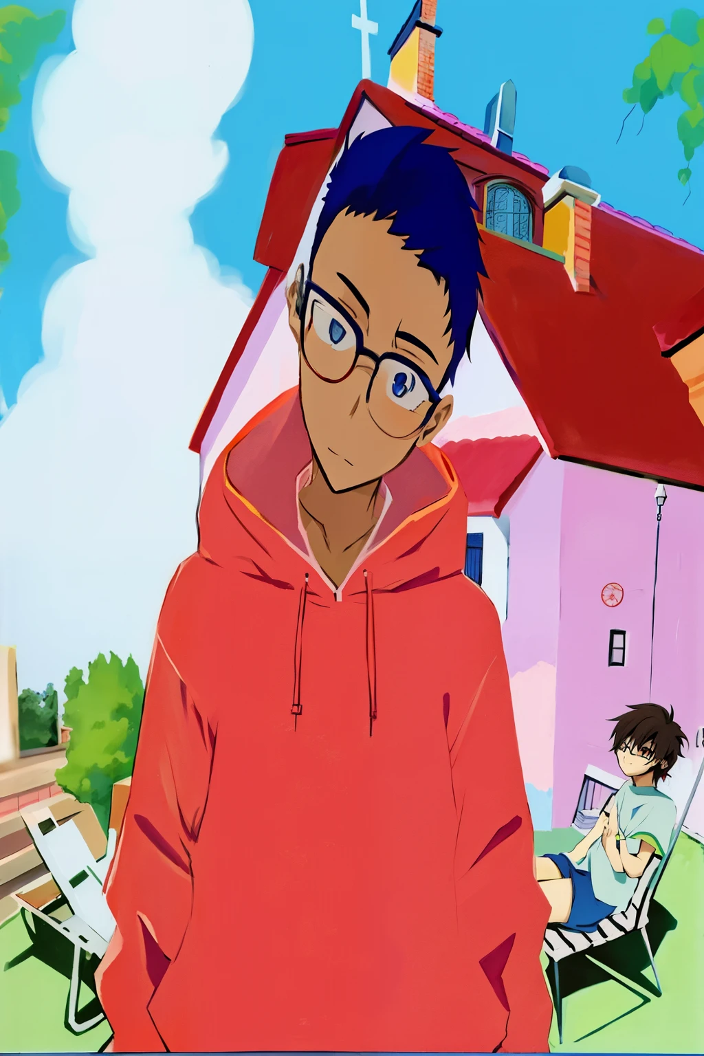 drawing of a boy with glasses and a red hood in front of a house, como personagem de anime, anime style, vai ferrar estilo anime, em um anime style, no estilo anime, inspirado em Iwao Takamoto, imagem de anime safebooru, tina belcher como uma pessoa real, em um anime, jovem anime homem, personagem de estilo anime