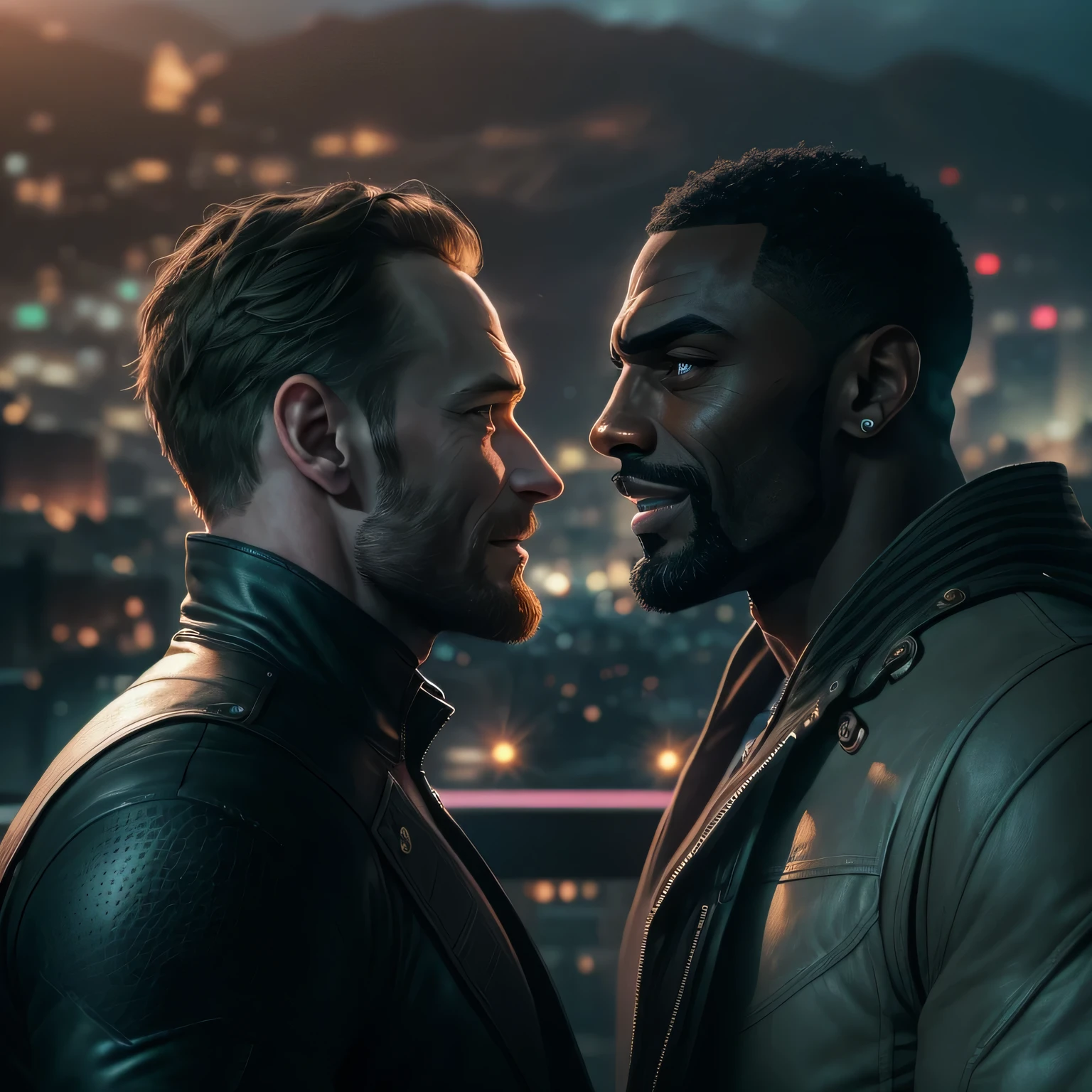 michael fassbender and Idris Elba standing face to face on a futuristic balcony, smiling, blushing, (gay, homoerotic, flirting), city in the background, Tall Mountain with futuristic houses, city-lights, futuristic civilization, street-lights, dark nightsky, fullmoon, (cinematic movie-poster), close-up, cinematic lighting, 16k, 1080P, HD, 16k, 1080P, HD, highres, best quality, super detail, anatomically correct, high quality