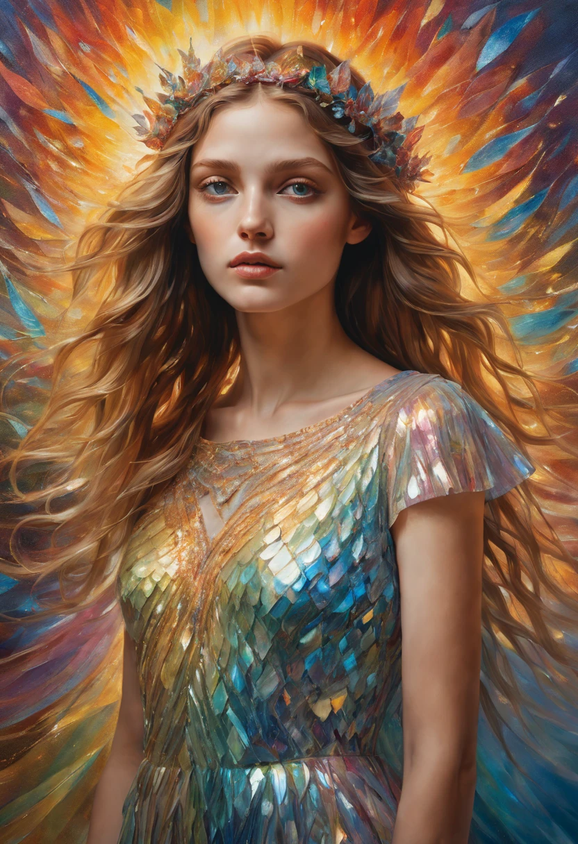 A breathtakingly detailed shot of an iridescent oil painting brings to life a divine girl, her ethereal aura radiant with divinity. With a face following the golden ratio and divine proportions, her countenance captivates with masterful brushwork. Her short dress flutters gently, its vibrant textures complementing the emotive depth conveyed in her expressive gaze. Dynamic composition pervades the artwork, with rich hues filling the canvas in a dramatic contrast. Crystal particles glitter at the edges, their refracted light playing against the backdrop of a vibrant background. Full motion effects add a captivating element, as if the scene comes alive in a diagonal