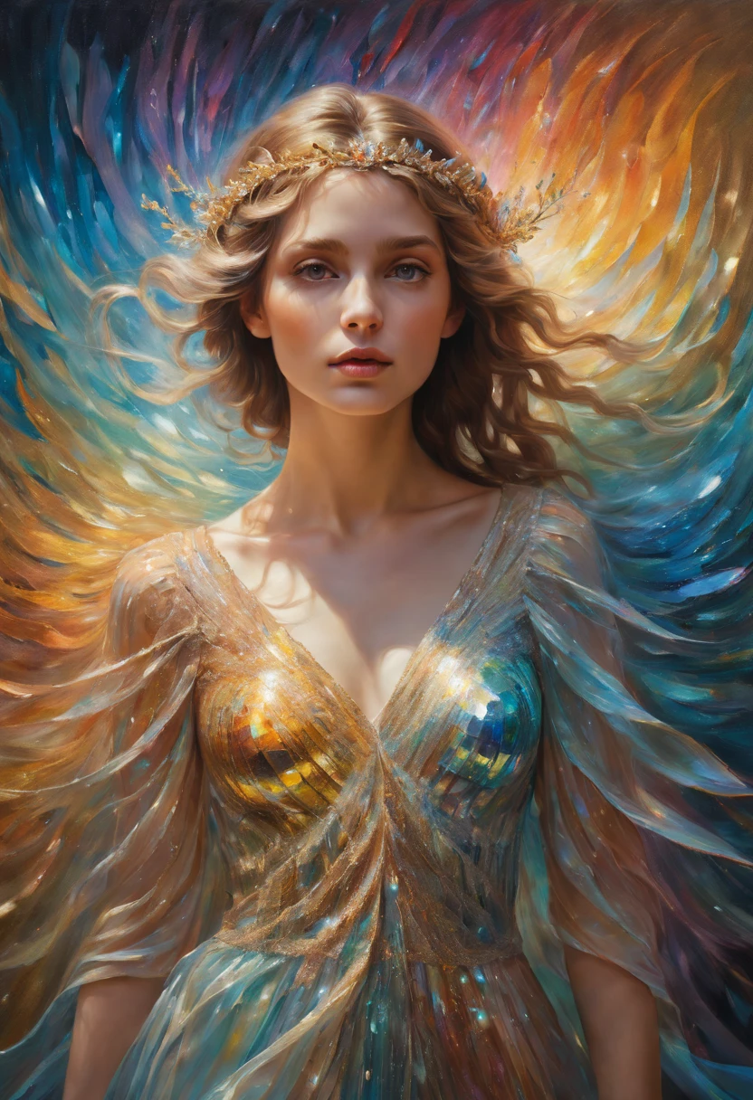 A breathtakingly detailed shot of an iridescent oil painting brings to life a divine girl, her ethereal aura radiant with divinity. With a face following the golden ratio and divine proportions, her countenance captivates with masterful brushwork. Her short dress flutters gently, its vibrant textures complementing the emotive depth conveyed in her expressive gaze. Dynamic composition pervades the artwork, with rich hues filling the canvas in a dramatic contrast. Crystal particles glitter at the edges, their refracted light playing against the backdrop of a vibrant background. Full motion effects add a captivating element, as if the scene comes alive in a diagonal