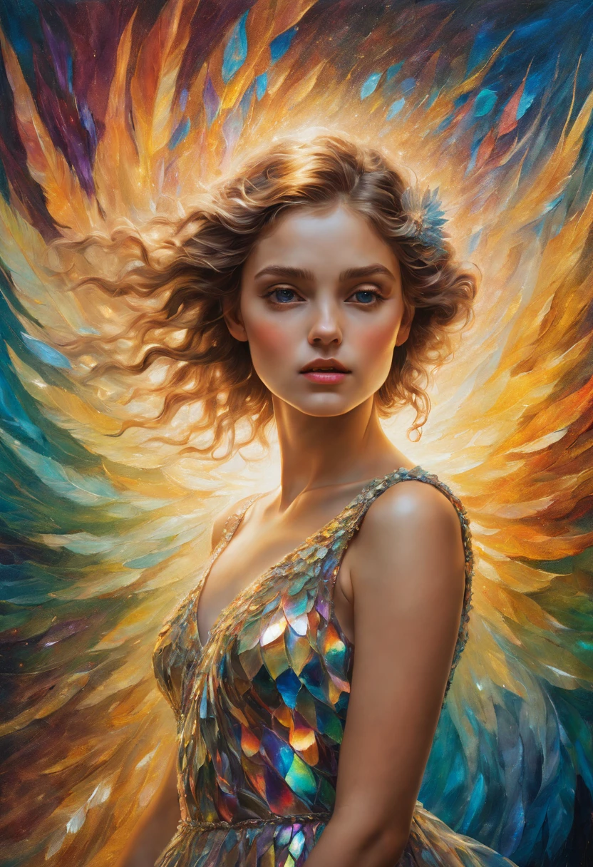 A breathtakingly detailed shot of an iridescent oil painting brings to life a divine girl, her ethereal aura radiant with divinity. With a face following the golden ratio and divine proportions, her countenance captivates with masterful brushwork. Her short dress flutters gently, its vibrant textures complementing the emotive depth conveyed in her expressive gaze. Dynamic composition pervades the artwork, with rich hues filling the canvas in a dramatic contrast. Crystal particles glitter at the edges, their refracted light playing against the backdrop of a vibrant background. Full motion effects add a captivating element, as if the scene comes alive in a diagonal