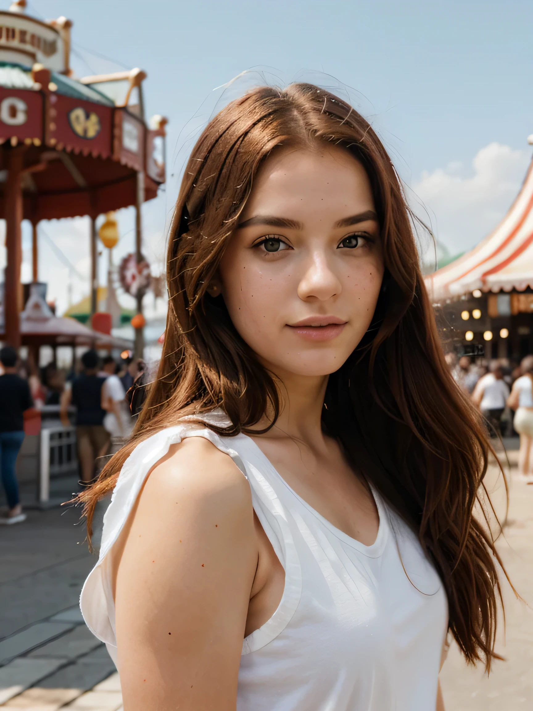 Girl, 20 Jahre alt, lange rote Haare, Sommersprossen, Freizeitpark