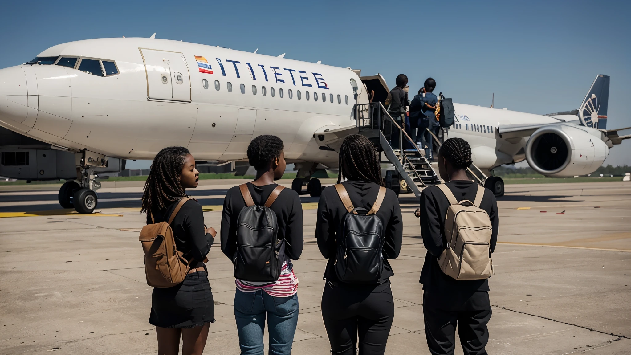 a young black people standing with bags on their backs and rolling cases in their hands and a plane next to young black people 2 girls 2 boys , it is about to be immigrants to the United States, created an image as a cover for a blog article