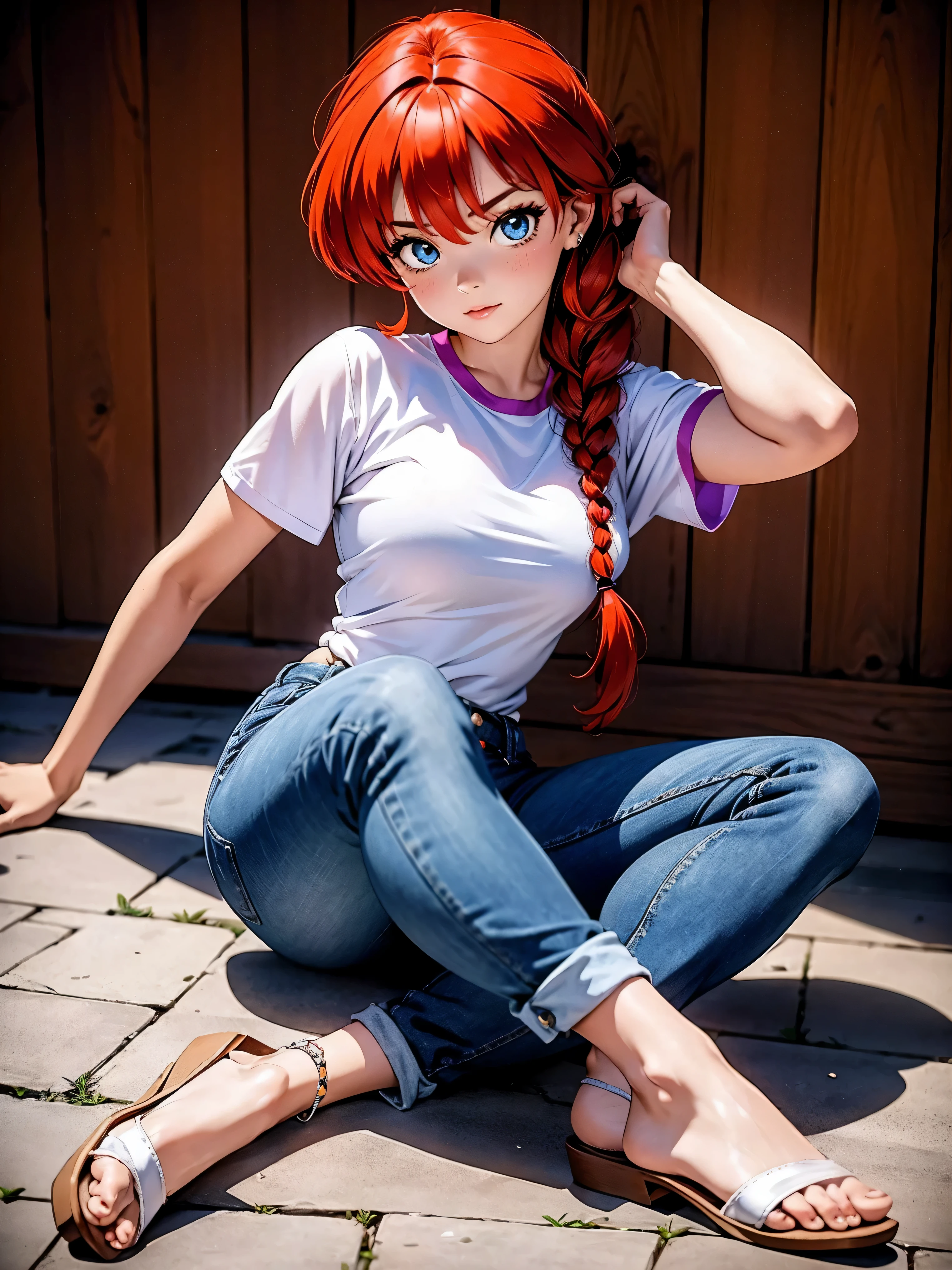 Garota anime ruiva com bermuda jeans azul e blusa purple roxa, 16 anos, agachada, sentada com pernas cruzadas, corpo bonito, seios grandes, with your hands behind your head, running your hands through your hair, garota sexy, red hair with braid, gorgeous lighting, sombras suaves, olhos azuis, pernas bonitas, hair with braid, estilo anime, Ranma Chan, Autora Rumiko Takahashi, Baseado em obra de Rumiko Takahashi, Anime Ranma 1/ 2, decote sexy, quadril robusto, corpo inteiro, corpo completo, busto grande, garota jovem com corpo belo e bonito, sandals on the feet, garota 16 anos jovem baixa estatura, vestindo bermuda jeans azul e blusa purple roxa linda, garota anime, estilo anime, beautiful feet in sandals, sitting on the floor, viewing angle 45°