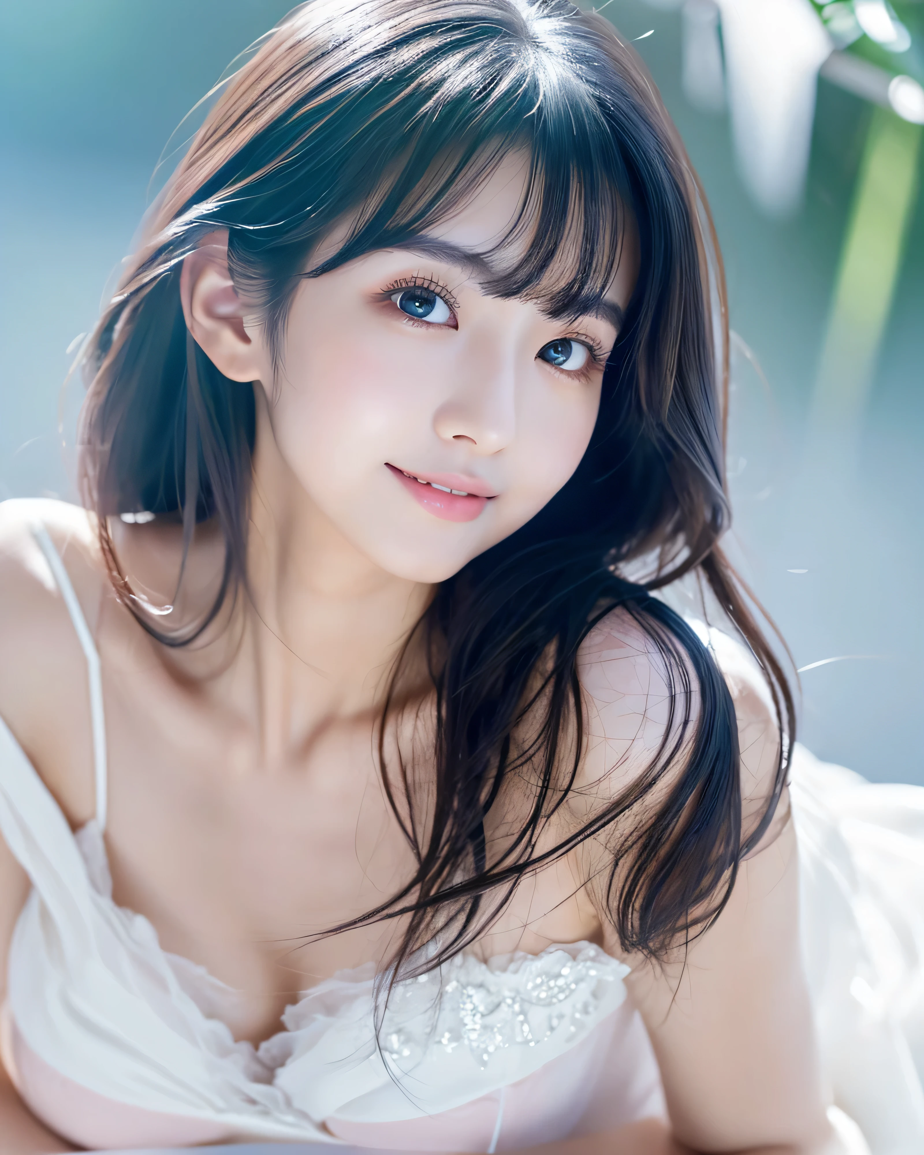 1 girl, (Amazing photos), 
(RAW Photos, highest quality), (Realistic, Realistic:1.4), (masterpiece), 
Very delicate and beautiful, Very detailed, 2k wallpaper, wonderful, finely, Very detailed CG Unity 8K wallpaper, Very detailed, High resolution, Soft Light, 
Beautiful detailed girl, Very detailed目と顔, Beautiful and sophisticated nose, Finely beautiful eyes, Cinema Lighting, 
(Medium Hair), 
Complete Anatomy, Slender body, Small breasts, smile, Spring is dawn