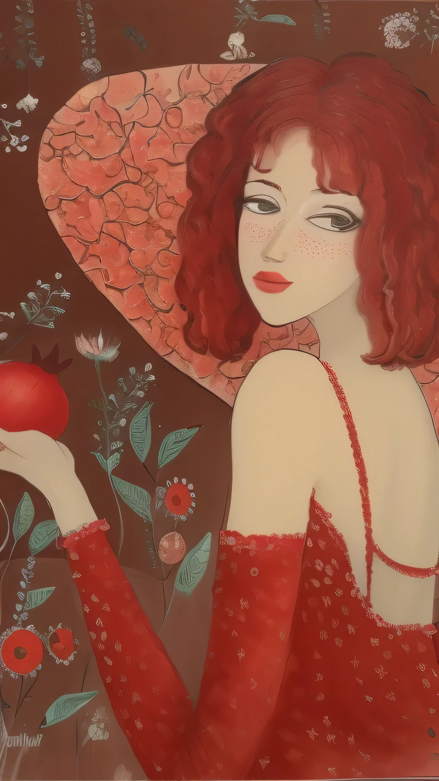 painting of a woman in a red dress holding a pomegranate, inspired by Eugène Grasset, Direction: Nadya Rusheva, Direction: Zofia Stryjenska, Direction: Olga Rozanova, ruivo. Arte Nova, deusa ruiva, por Maksimilijan Vanka, mulher com cabelo ruivo, Direction: Elina Karimova