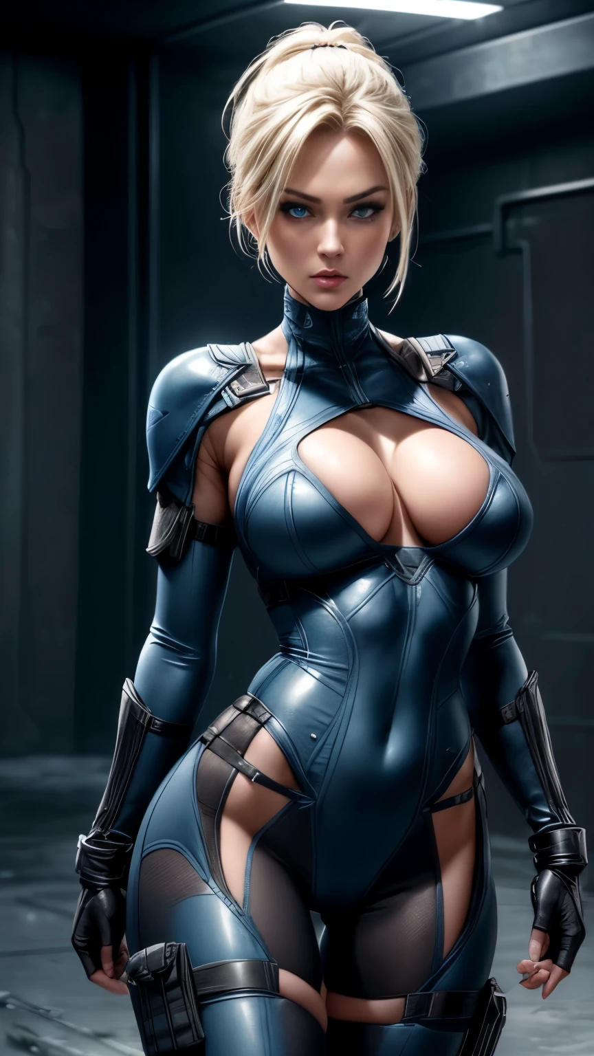 ((Sexy, tall and very beautiful Casie Cage from mortal kombat videogame series)) ((dark eyeshadows make up)) (()) (()) ((big bright blue eyes)) (()) ((badass)) ((short straight blonde hair with pony tail)) ((big breasts:1.4)) ((slender body:1.3)) ((wears tactical blue body suit, gloves, tactical pants)) ((choker)) (()) ((abandoned military tanks hangar)) ((pale light)) ((high definition:1.5)) ((masterpiece:1.5)) ((8k:1.5)) ((Best quality:1.4)), more_details:-1, more_details:0, more_details:0.5, more_details:1, more_details:1.5,