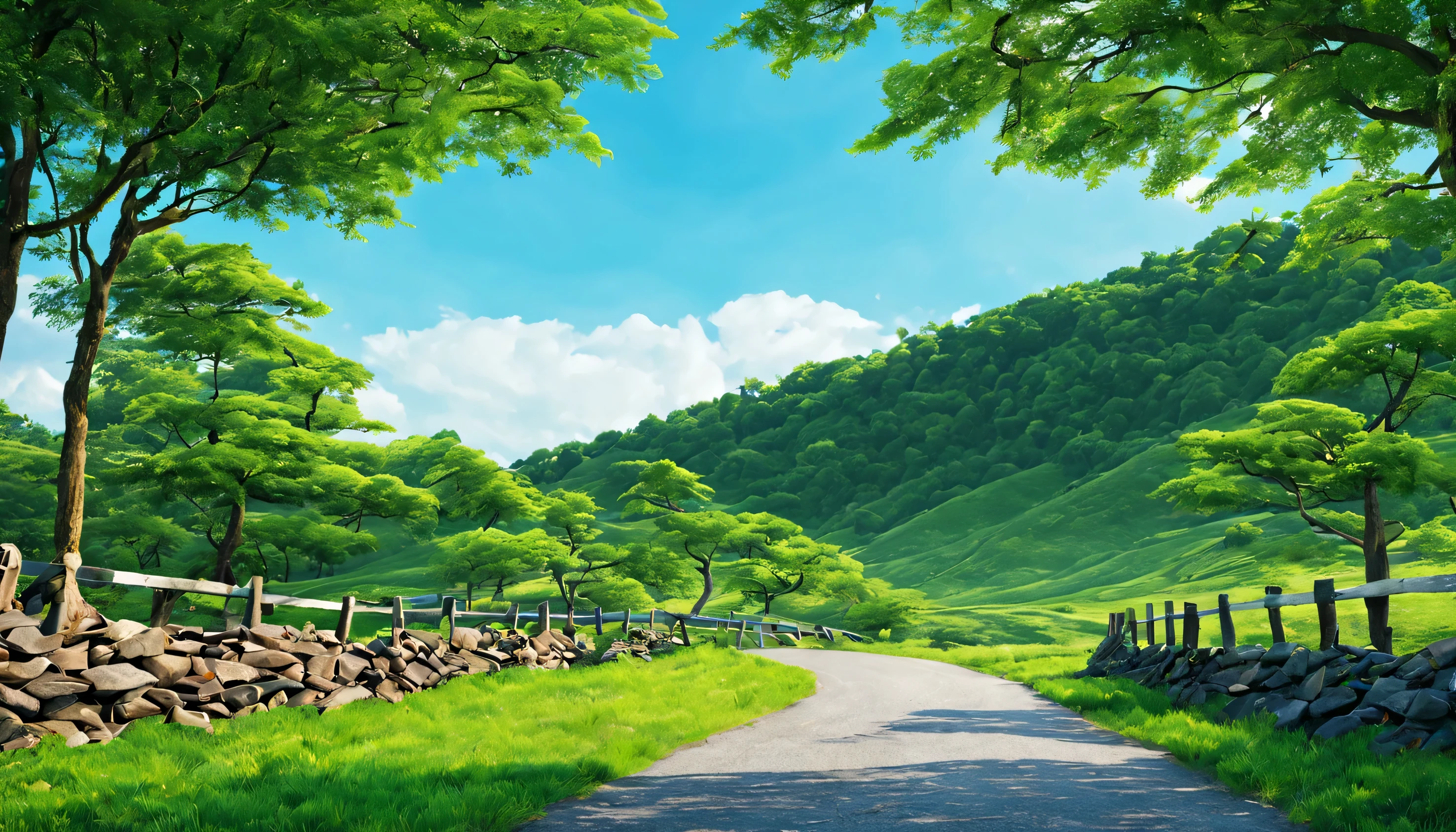 a road made of rocks beside it is full of green short grass, there is a tori, green trees make the atmosphere beautiful, a fence made of wood, the sky is bright blue, leaves are flying.