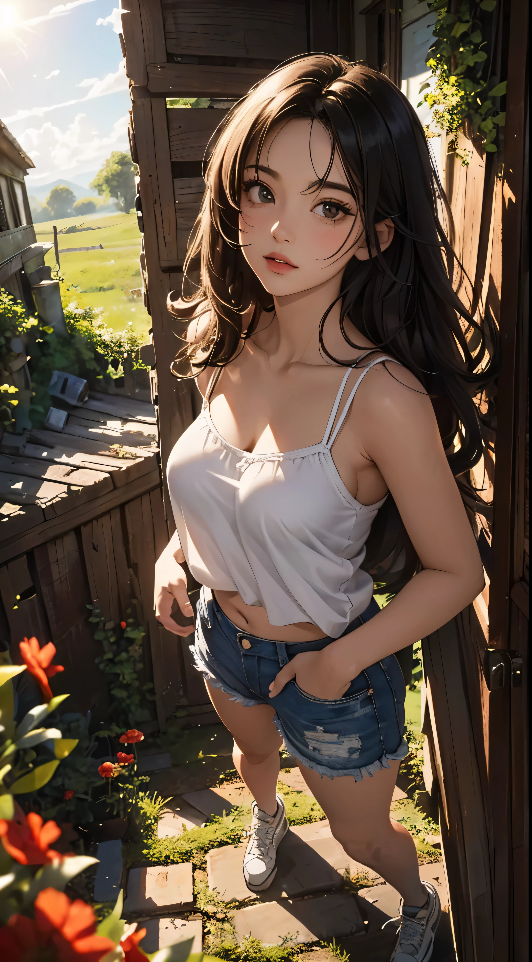 ((Papel de parede 8k de unidade CG extremamente detalhada, obra-prima, high resolution, maximum quality)), (Mulheres lindas, Fleshy lips, Hands in pockets:1.5, moda grunge, vestindo uma camisola:1.2, Vestindo micro mini shorts:1.2, wearing sneakers:1.2), ((rosto extra detalhado, olhos negros altamente detalhados, corpo extra detalhado, Peles de textura real de alta qualidade)), (Um moreno, Messy hair, de pele branca, Pequeno:1.3, barriga exposta, exposed shoulders and arms), (estrada rural, flores silvestres, beautiful blue sky, suns), (greatest angle:1.1, Olho de peixe:1.3), hiper-realista, pintura digital,