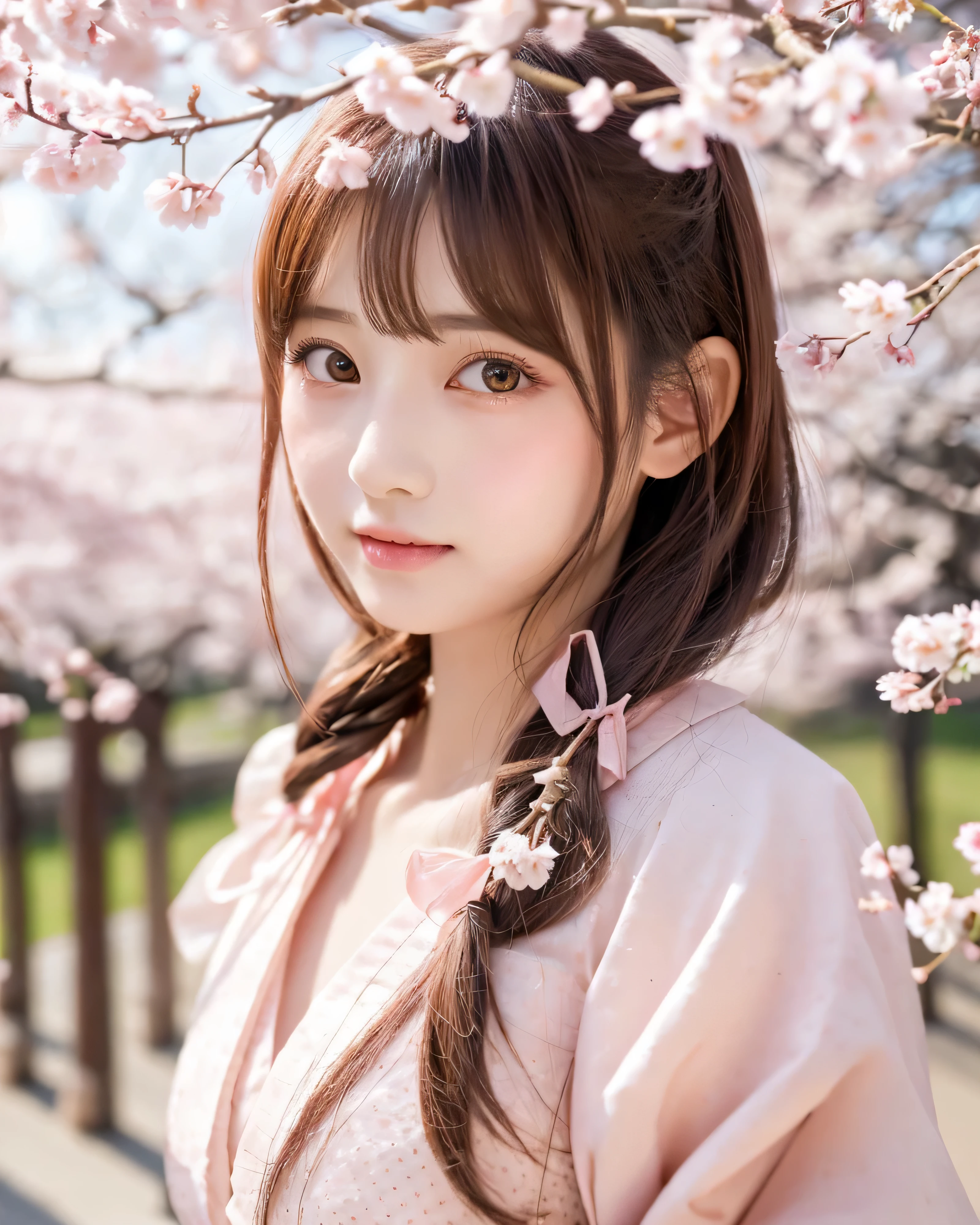 Japan Beautiful Girls　　big magic eyes　detailed beautiful eyes　peach blossom　light pink hair　Detailed straight long hair　natural makeup　Wearing light pink Han Chinese costume，Holding onto a cherry blossom branch，in the background, Cherry blossoms dotted along the beautiful row of cherry blossom trees，she is a kind person, cute, スレンダーなcute女の子