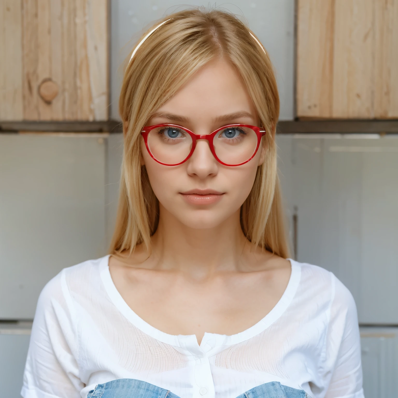 Boss girl 26 years old, tottaly dressed in white, red glasses, blonde hair and blue eyes