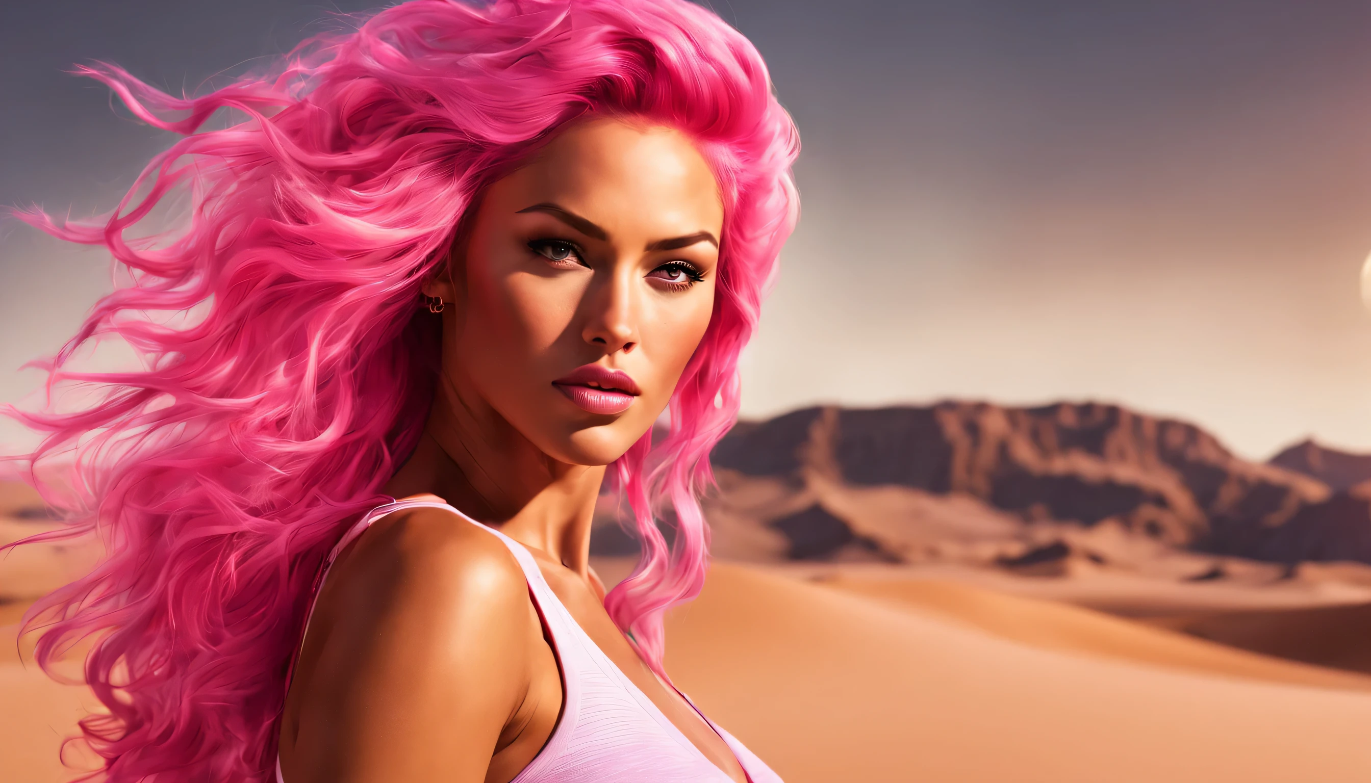 (((Cabelo rosa quente))) (melhor qualidade, 4k, high resolution, arte: 1.2), ultra detalhado, profissional, high resolution, studio lighting, fotorrealista, hiperrealista, Megan Raposa, com um corpo muito bronzeado, pele de mulato, her body is oily and sweaty, she is half naked with little clothes, com adornos dourados no corpo, (seus seios devem estar expostos , seios gigantescos), (her hair is light fluorescent pink, Your hair is voluminous and wavy), (her body is muscular, coxas grossas e tonificadas, quadris largos, com curvas femininas e sensuais), in the middle of the desert with extremely white sand and a pink and violet sky with a gigantic moon behind! Montanhas laranja ao fundo. , fotorrealismo, 8k, alta qualidade, melhor qualidade, cannon photo, obra de arte, fundo detalhado, cores vivas, fotorrealismo of the pink and violet sky, melhor qualidade, alta qualidade, cinematographic, cena do filme, dramatic, Vida real, 8k. Photographic cannon obra de arte, fundo detalhado, cores vivas, fotorrealismo.