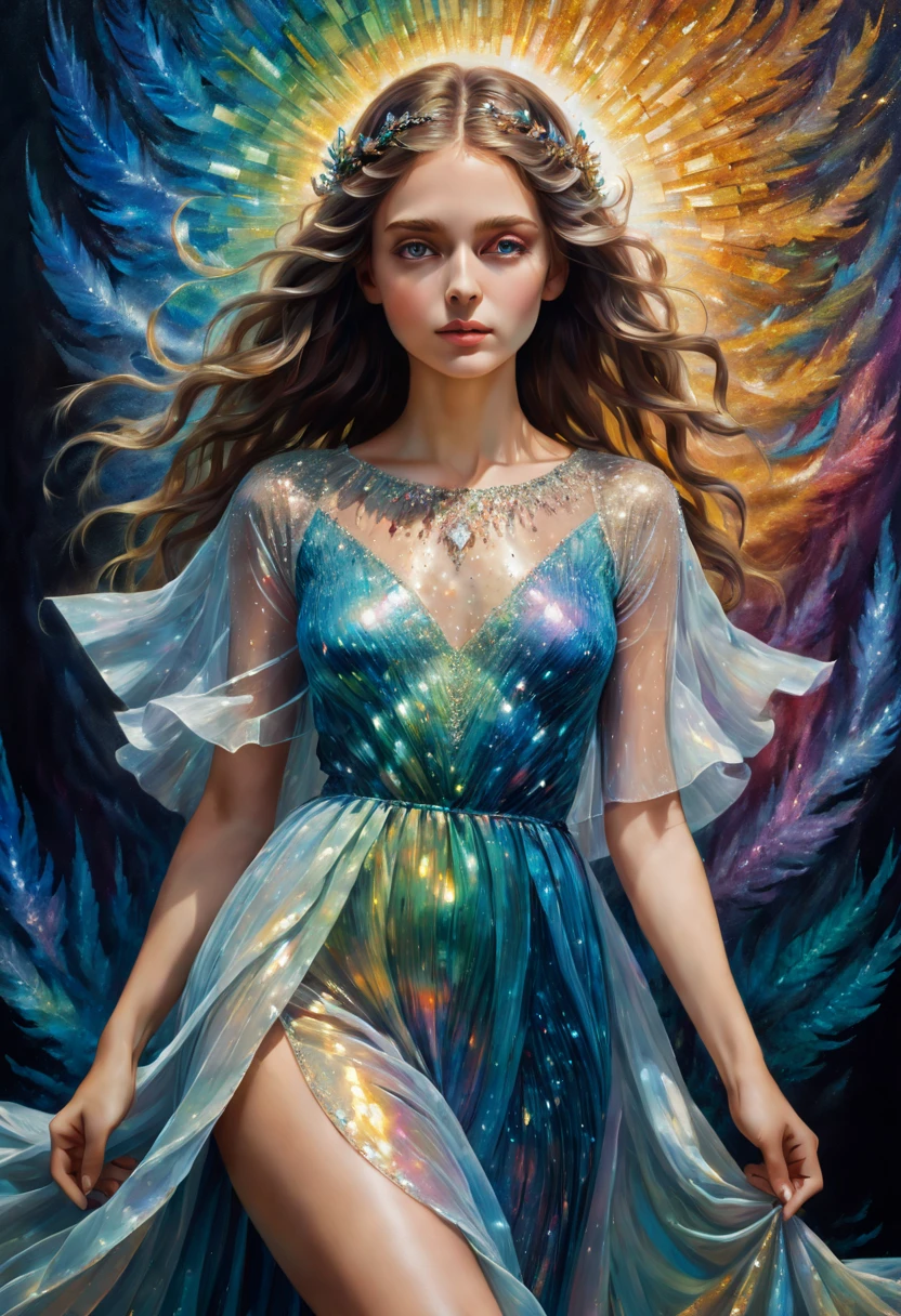 A breathtakingly detailed shot of an iridescent oil painting brings to life a divine girl, her ethereal aura radiant with divinity. With a face following the golden ratio and divine proportions, her countenance captivates with masterful brushwork. Her short dress flutters gently, its vibrant textures complementing the emotive depth conveyed in her expressive gaze. Dynamic composition pervades the artwork, with rich hues filling the canvas in a dramatic contrast. Crystal particles glitter at the edges, their refracted light playing against the backdrop of a vibrant background. Full motion effects add a captivating element, as if the scene comes alive in a diagonal