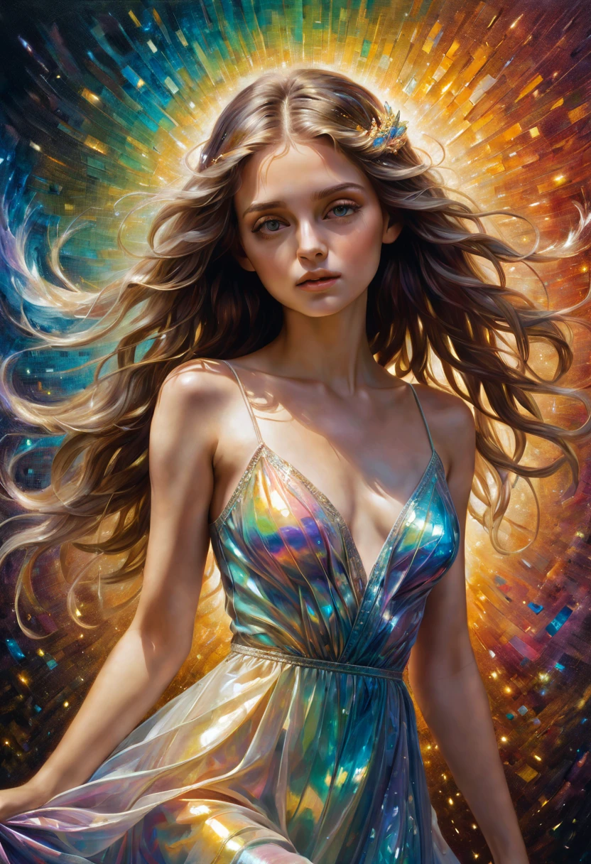 A breathtakingly detailed shot of an iridescent oil painting brings to life a divine girl, her ethereal aura radiant with divinity. With a face following the golden ratio and divine proportions, her countenance captivates with masterful brushwork. Her short dress flutters gently, its vibrant textures complementing the emotive depth conveyed in her expressive gaze. Dynamic composition pervades the artwork, with rich hues filling the canvas in a dramatic contrast. Crystal particles glitter at the edges, their refracted light playing against the backdrop of a vibrant background. Full motion effects add a captivating element, as if the scene comes alive in a diagonal