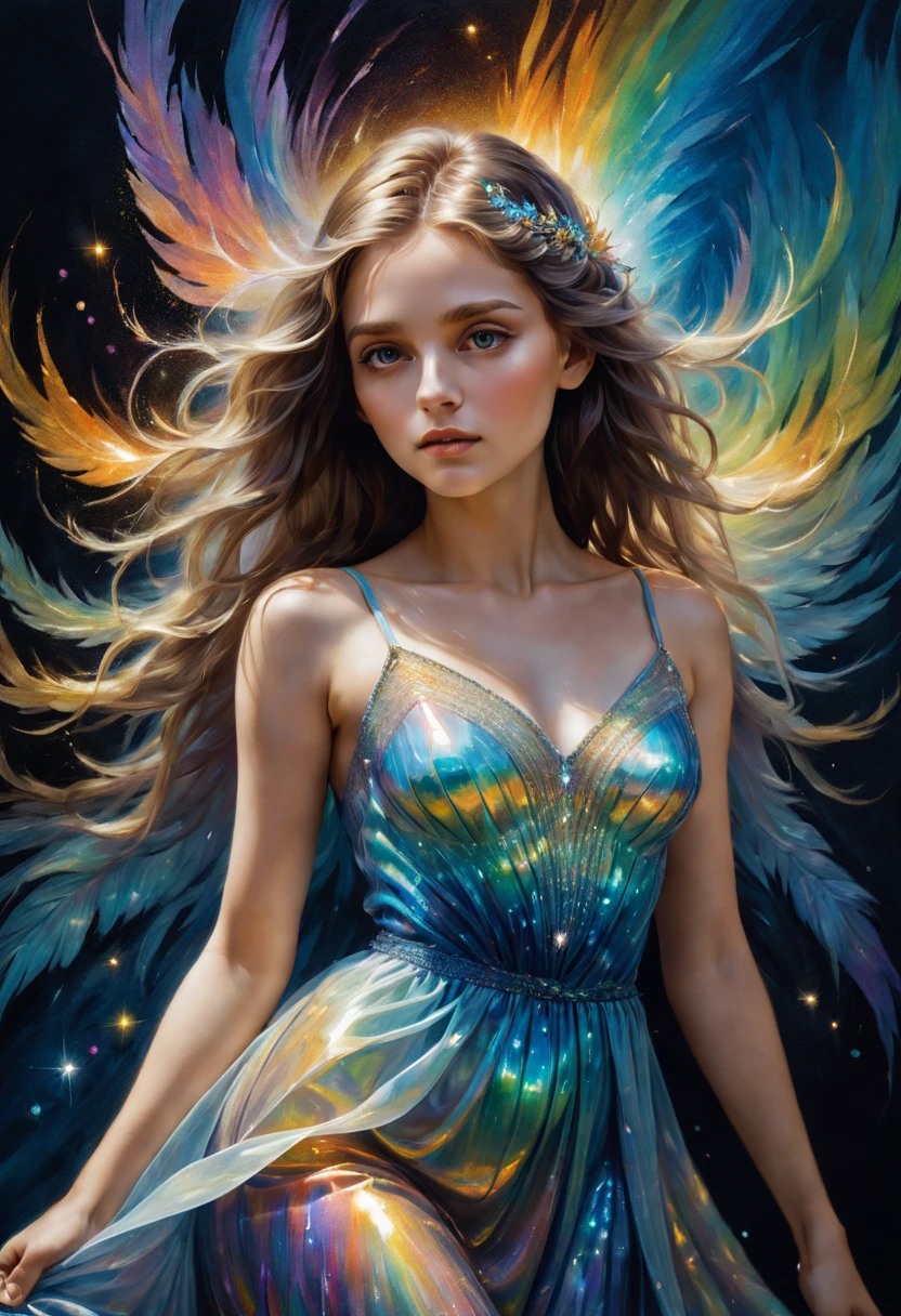 A breathtakingly detailed shot of an iridescent oil painting brings to life a divine girl, her ethereal aura radiant with divinity. With a face following the golden ratio and divine proportions, her countenance captivates with masterful brushwork. Her short dress flutters gently, its vibrant textures complementing the emotive depth conveyed in her expressive gaze. Dynamic composition pervades the artwork, with rich hues filling the canvas in a dramatic contrast. Crystal particles glitter at the edges, their refracted light playing against the backdrop of a vibrant background. Full motion effects add a captivating element, as if the scene comes alive in a diagonal