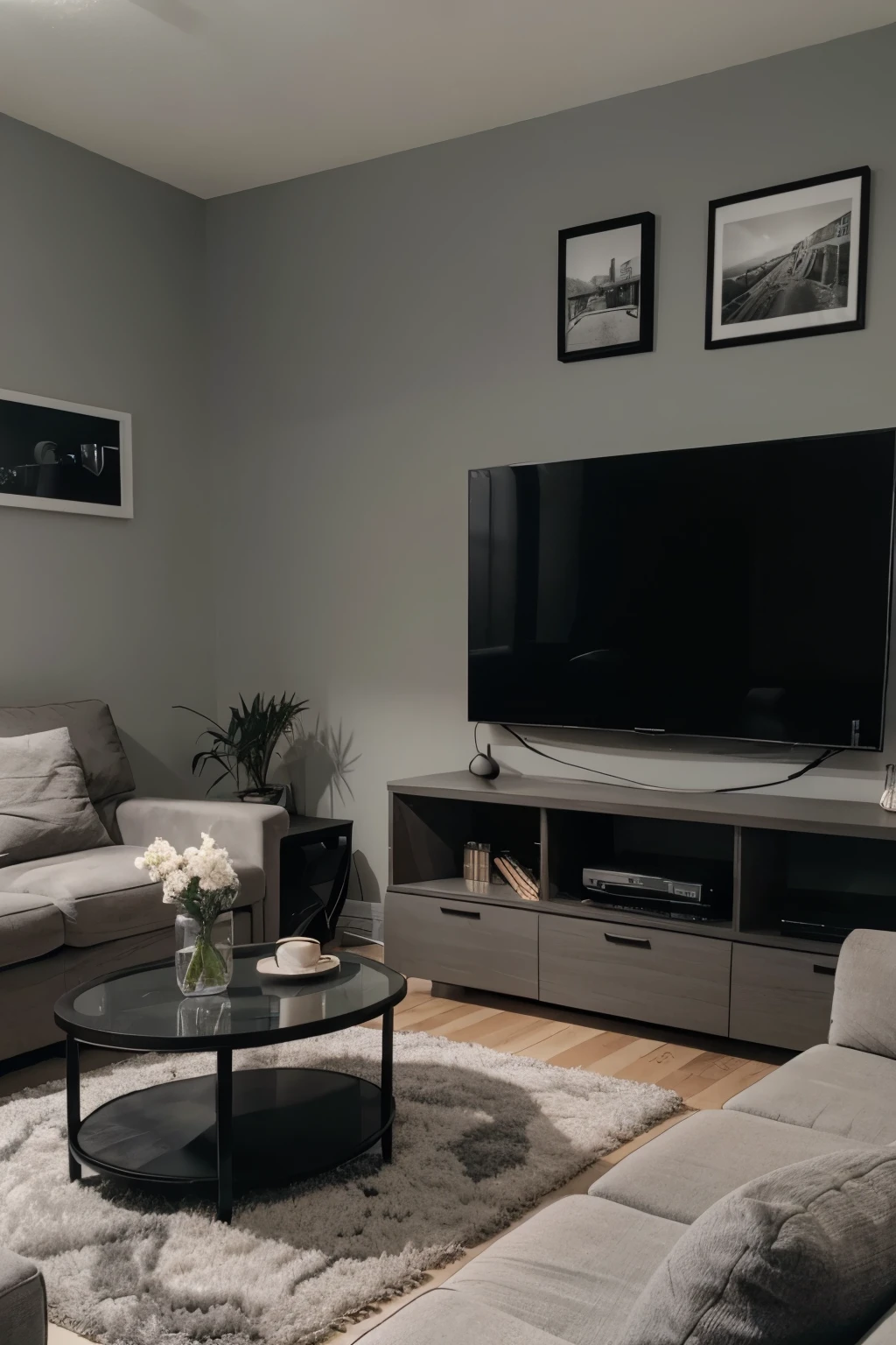 generate image of a warm cozy Livingroom, gray-ish tone, gray sofa, 20-30 small and same size pictures with black frames on the wall shaping a grid of pictures, a big LED TV on a black television table, lovely house with a slight lighting, camera from corner