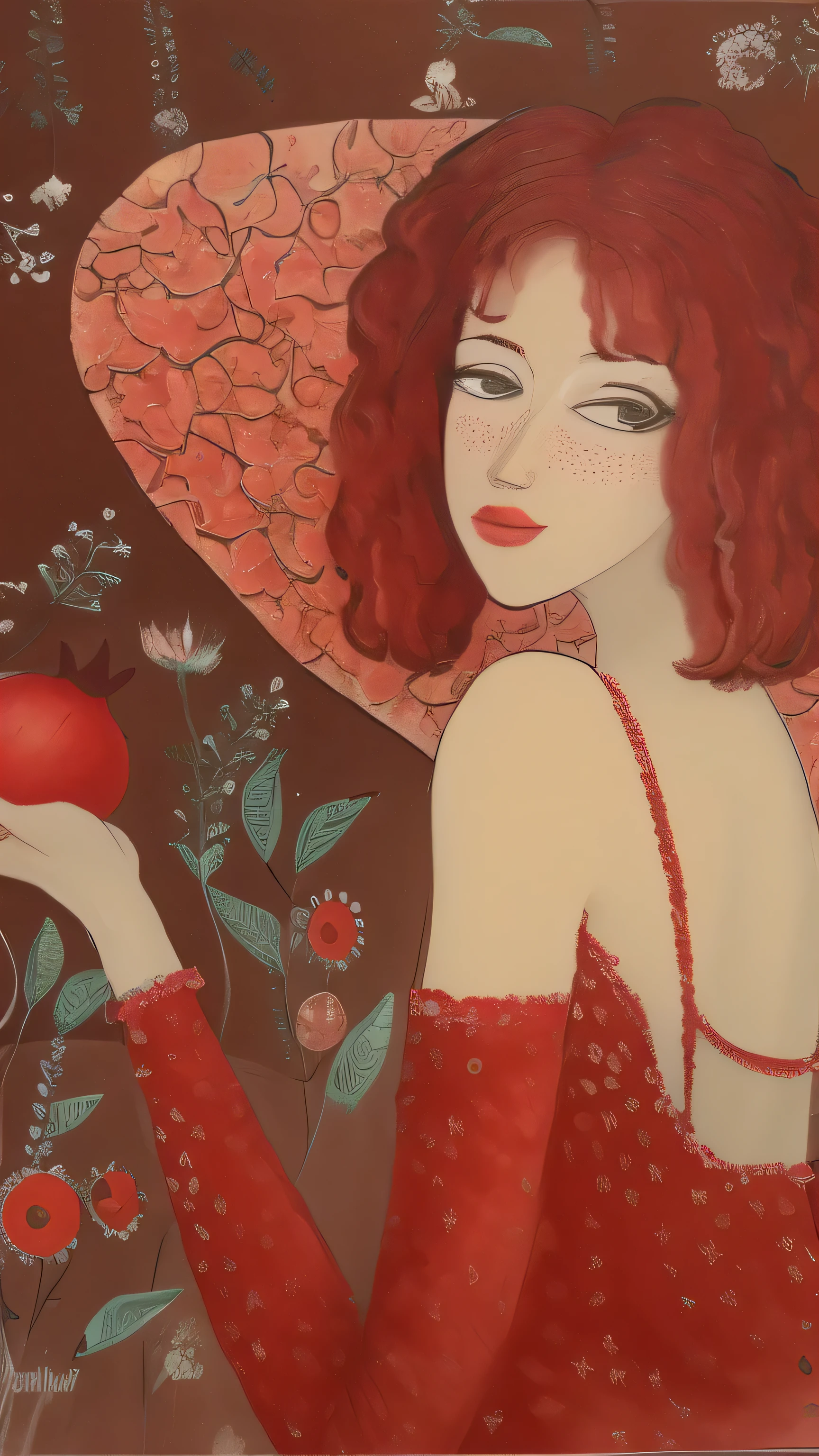 painting of a woman in a red dress holding a pomegranate, inspired by Eugène Grasset, Direction: Nadya Rusheva, Direction: Zofia Stryjenska, Direction: Olga Rozanova, ruivo. Arte Nova, deusa ruiva, por Maksimilijan Vanka, mulher com cabelo ruivo, Direction: Elina Karimova