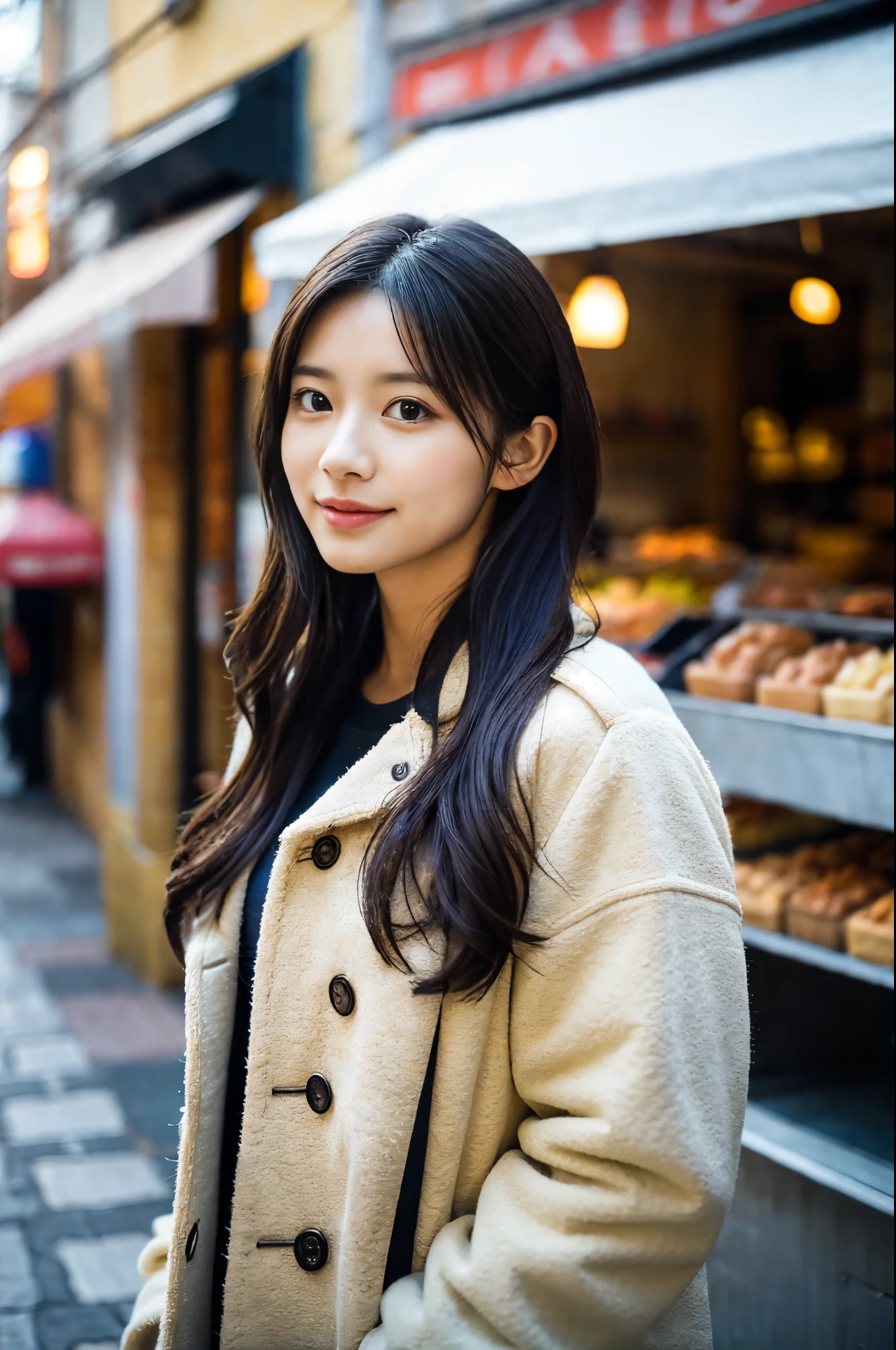 (8K, RAW photo, highest quality, masterpiece:1.3), (realistic, photo-realistic:1.4), (Highly detailed 8K wallpaper), sharp focus, Depth of written boundary,
japanese idol,very cute, (coat:1.3),(long hair: 1.3), Upper body, highly detailed face and eyes,((shiny skin:1.2)), cinematic lighting, soft light, blur background,( An old European village street in the early morning, cobblestone roads, with a bakery emitting a warm glow and inviting aroma.)
