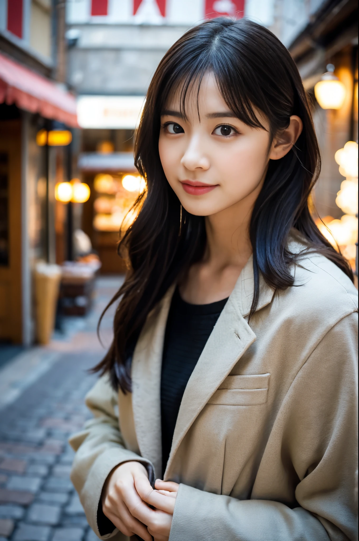 (8K, RAW photo, highest quality, masterpiece:1.3), (realistic, photo-realistic:1.4), (Highly detailed 8K wallpaper), sharp focus, Depth of written boundary,
japanese idol,very cute, (coat:1.3),(long hair: 1.3), Upper body, highly detailed face and eyes,((shiny skin:1.2)), cinematic lighting, soft light, blur background,( An old European village street in the early morning, cobblestone roads, with a bakery emitting a warm glow and inviting aroma.)