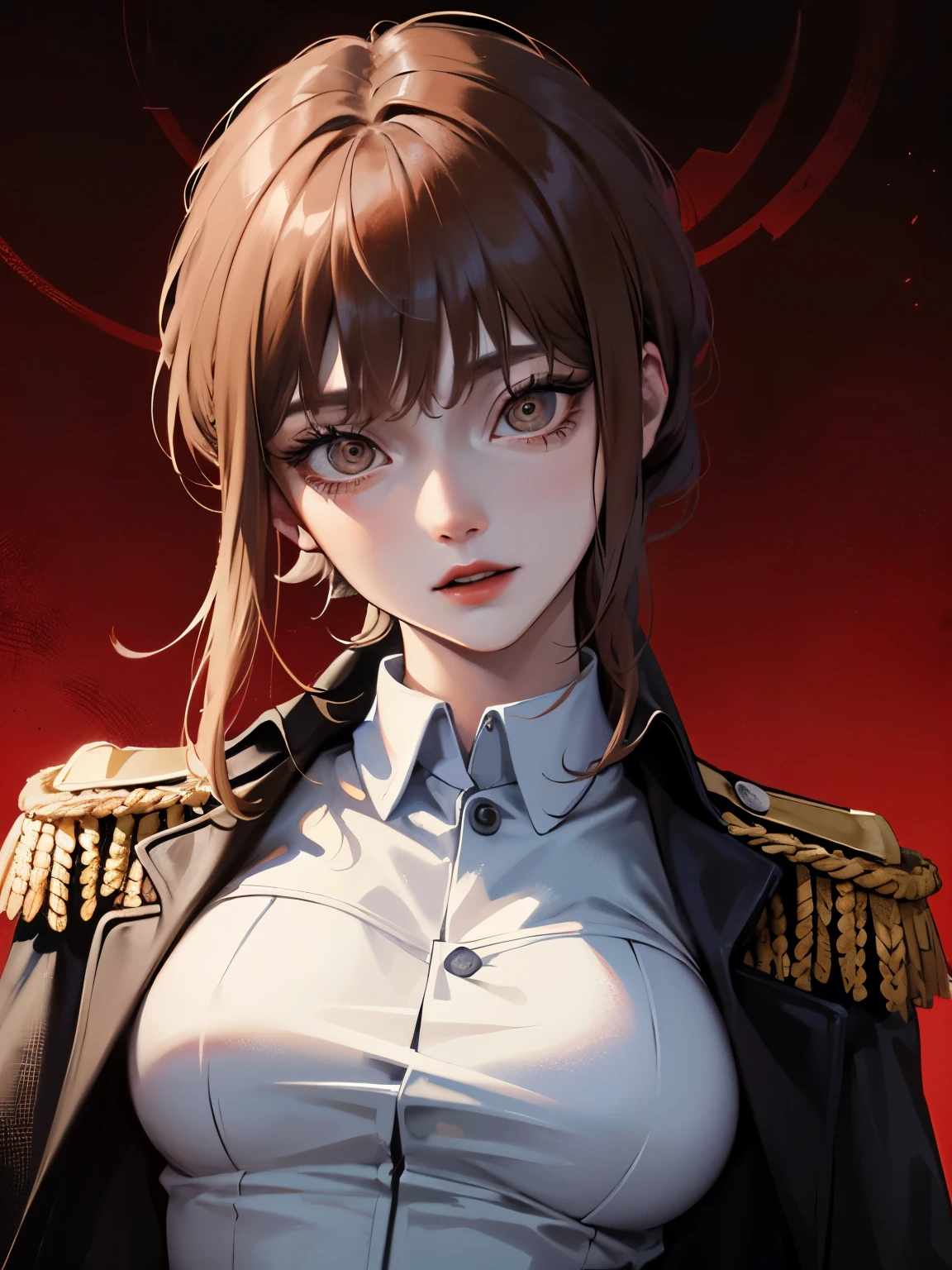 Generate an artwork of the highest quality (1.2) that shows a close-up of the eyes with an emphasis on dark horror film elements. The image should feature a single German female character, alone, with **shiny dark brown hair** and **deep, pitch-black eyes**, a fringe and medium-sized breasts. She should be dressed in German military uniform, using a characteristic anime style. The German character should have an intense gaze and a psychopathic expression (male: 1.2), and should be looking directly at the viewer as if in an interview (interview: 1.3). The background should be dark and should be blurred to give a realistic effect (dark, hellish red background, detailed background with supernatural monsters around it).