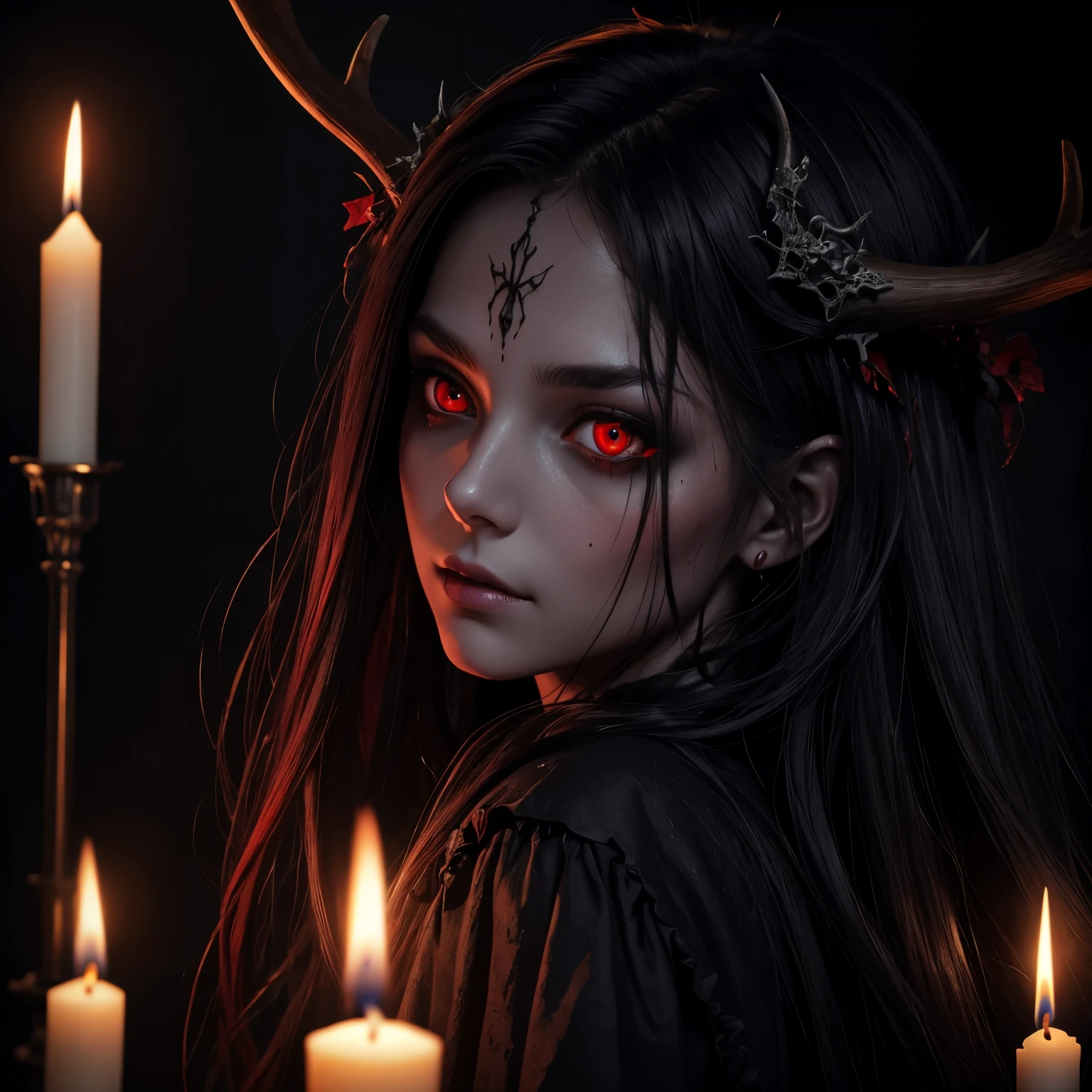dark, unholy, evil, astral, creepy style, undead, rotting skin, mystical, nice perfect face with soft skin, young beautiful girl portrait, candles, sexy eyes, long hair, antlers, red eyes, from side, red glow