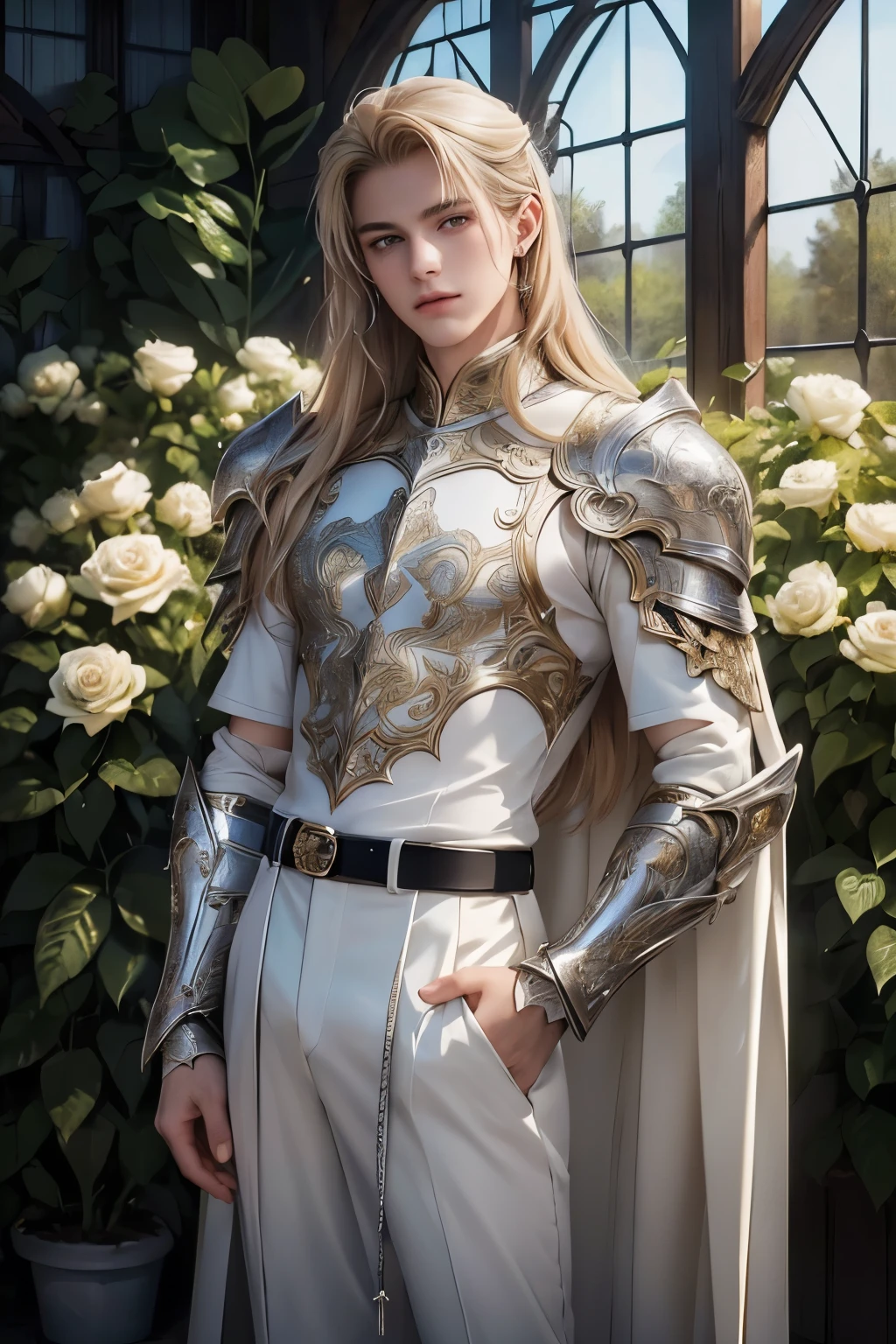 ((Best quality)), ((masterpiece)), (detailed), ((perfect face)), ((halfbody)) perfect proporcions,He is a handsome angel, 18 years old, long golden hair, he has white wings, He wears silver armor, he has honey-colored eyes, He is inside a greenhouse with white roses, he has a metal belt, ((perfect face))