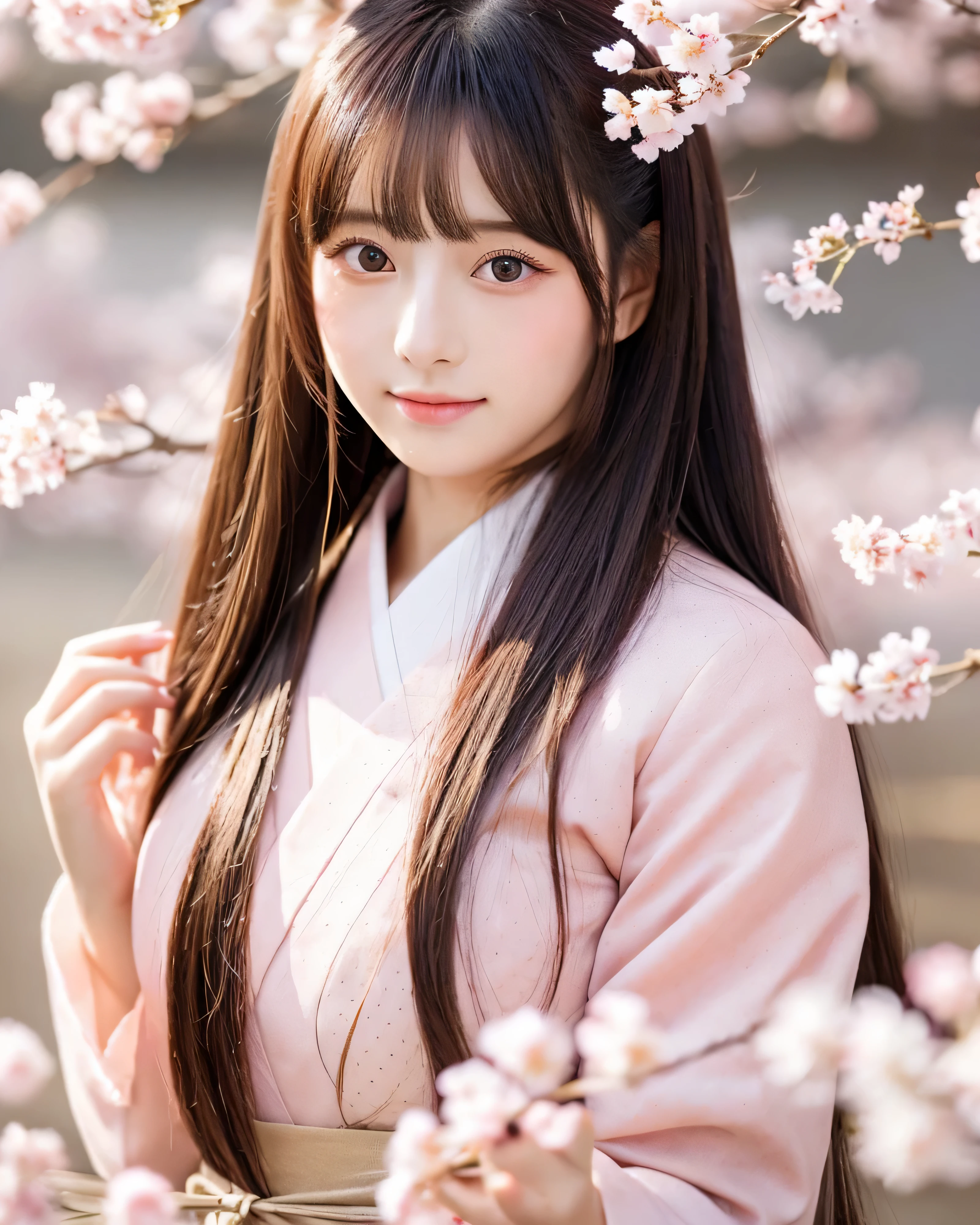 Japan Beautiful Girls　16 years old　big magic eyes　detailed beautiful eyes　peach blossom　light pink hair　Detailed straight long hair　natural makeup　Wearing light pink Han Chinese costume，Holding onto a cherry blossom branch，in the background, Cherry blossoms dotted along the beautiful row of cherry blossom trees，she is a kind person, cute, スレンダーなcute女の子