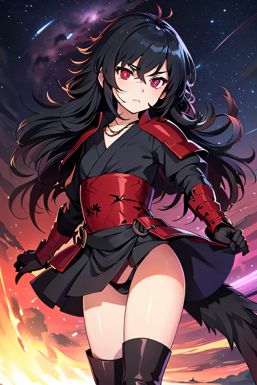 Anime, Girl, (((1girl))), (((Waifu, Raven Branwen, Raven Branwen Waifu))), (((Black Hair, Messy Hair))), ((Crimson Red Eyes eyes: 1.3, Upturned Eyes: 1, Perfect Eyes, Beautiful Detailed Eyes, Gradient eyes: 1, Finely Detailed Beautiful Eyes: 1, Symmetrical Eyes: 1, Big Highlight On Eyes: 1.2)), (((Lustrous Skin: 1.5, Bright Skin: 1.5, Skin Fair, Shiny Skin, Very Shiny Skin, Shiny Body, Plastic Glitter Skin, Exaggerated Shiny Skin, Illuminated Skin))), (Detailed Body, (Detailed Face)), Young, ta, (Best Quality), (((Bicep-high Gauntlets, Armored Boots, Thigh-high Heeled Boots, Armored Gauntlets))), (((Battle Kimono))), (((Skirt))), High Resolution, Sharp Focus, Ultra Detailed, Extremely Detailed, Extremely High Quality Artwork, (Realistic, Photorealistic: 1.37), 8k_Wallpaper, (Extremely Detailed CG 8k), (Very Fine 8K CG), ((Hyper Super Ultra Detailed Perfect Piece)), (((Flawless masterpiece))), Illustration, Vibrant Colors, (Intricate), High Contrast, Selective Lighting, Double Exposure, HDR (High Dynamic Range), Post-processing, Background Blur