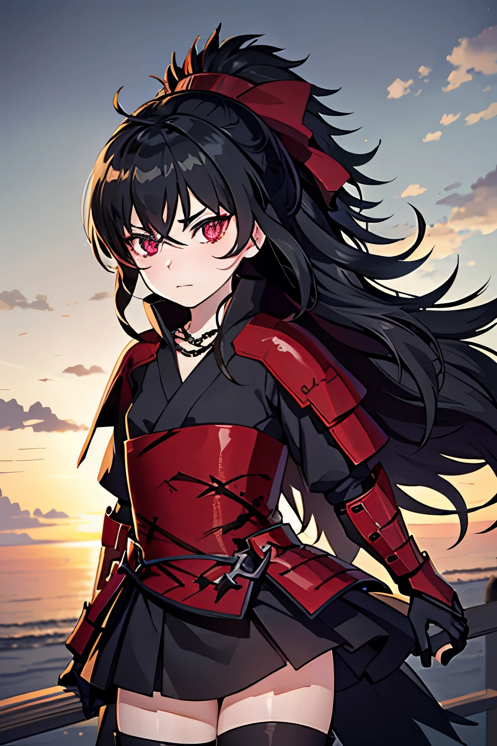 Anime, Girl, (((1girl))), (((Waifu, Raven Branwen, Raven Branwen Waifu))), (((Black Hair, Messy Hair))), ((Crimson Red Eyes eyes: 1.3, Upturned Eyes: 1, Perfect Eyes, Beautiful Detailed Eyes, Gradient eyes: 1, Finely Detailed Beautiful Eyes: 1, Symmetrical Eyes: 1, Big Highlight On Eyes: 1.2)), (((Lustrous Skin: 1.5, Bright Skin: 1.5, Skin Fair, Shiny Skin, Very Shiny Skin, Shiny Body, Plastic Glitter Skin, Exaggerated Shiny Skin, Illuminated Skin))), (Detailed Body, (Detailed Face)), Young, ****ta, (Best Quality), (((Bicep-high Gauntlets, Armored Boots, Thigh-high Heeled Boots, Armored Gauntlets))), (((Battle Kimono))), (((Skirt))), High Resolution, Sharp Focus, Ultra Detailed, Extremely Detailed, Extremely High Quality Artwork, (Realistic, Photorealistic: 1.37), 8k_Wallpaper, (Extremely Detailed CG 8k), (Very Fine 8K CG), ((Hyper Super Ultra Detailed Perfect Piece)), (((Flawless masterpiece))), Illustration, Vibrant Colors, (Intricate), High Contrast, Selective Lighting, Double Exposure, HDR (High Dynamic Range), Post-processing, Background Blur