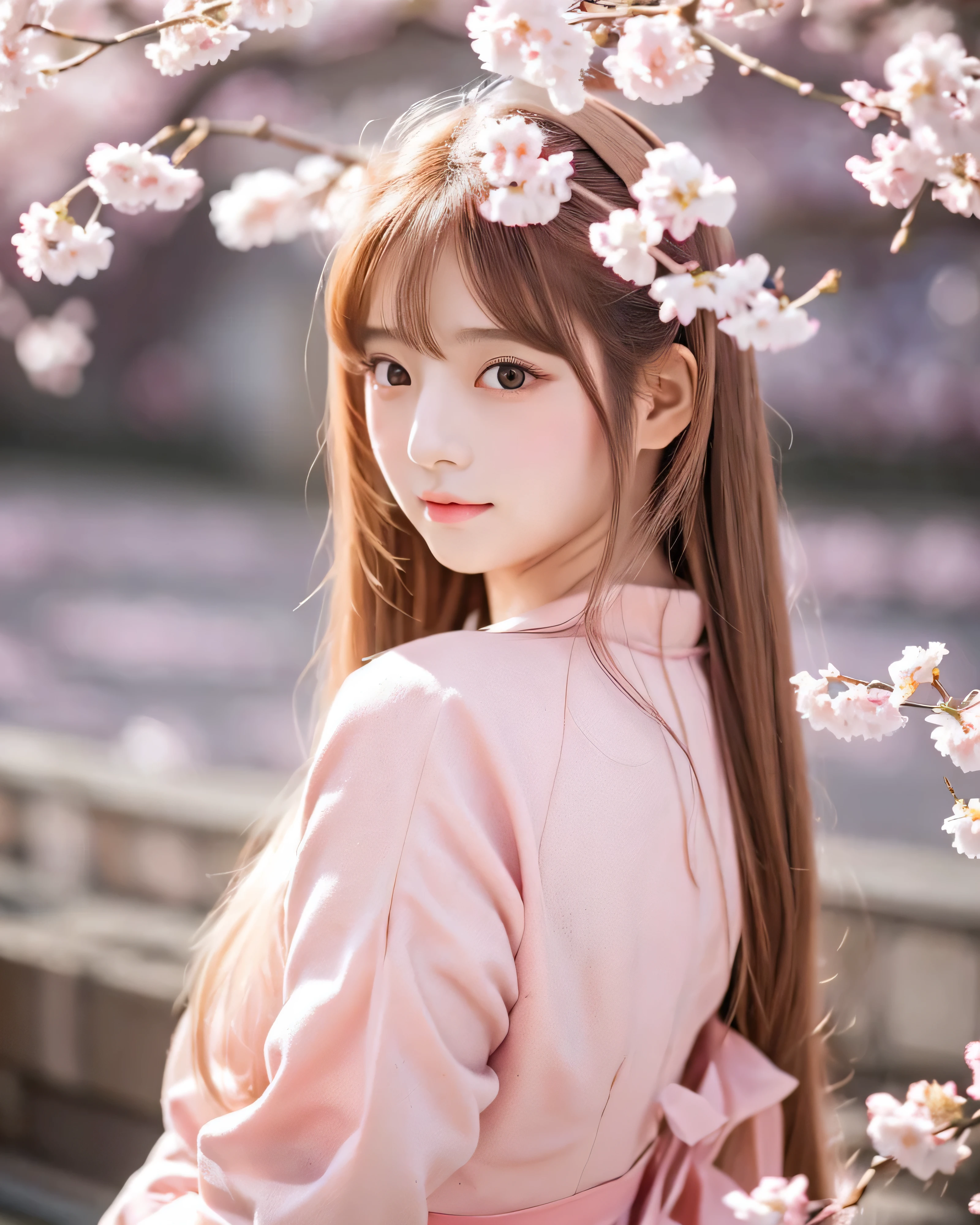 Japan Beautiful Girls 16 years old big magic eyes detailed beautiful eyes peach blossom light pink hair Detailed straight long hair natural makeup Wearing light pink Han Chinese costume,Holding onto a cherry blossom branch,in the background, Cherry blossoms dotted along the beautiful row of cherry blossom trees,she is a kind person, cute, スレンダーなcute女の子