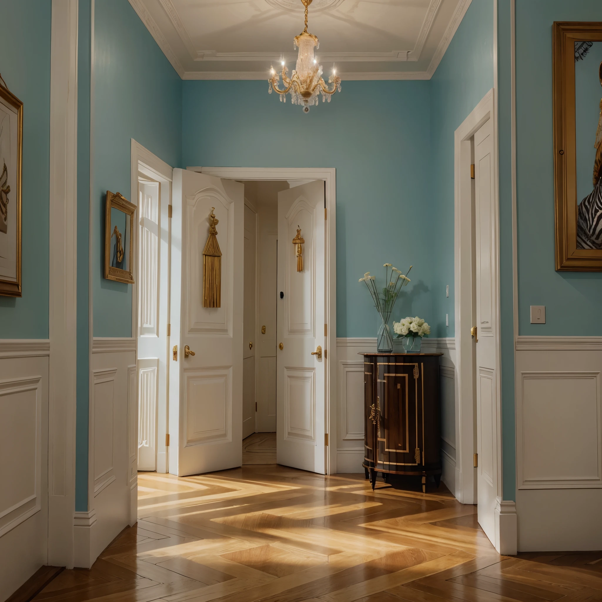 (чрезвычайно подробные обои CG Unity 8k), ((Masterpiece)), (Best quality), (Ultra detailed), ((Very detailed)), 4K, (8K), 🏠is an image of an entrance area or hallway decorated in colonial style. The floor is made of polished marble with contrasting colors creating a g pattern. There is a zebra patterned rug on the floor adding an exotic touch to the room.There is a dark wooden door with exquisite patterns and a gold tassel hanging from the handle. On the wall next to the door, framed artwork hangs, contributing to the sophisticated atmosphere. A chandelier with black beads hangs from the ceiling, illuminating the room with bright light. On a round table are two large blue and white porcelain vases and a statuette resembling a coral. The walls are painted in a light color, which contrasts with the dark wood finish of the door and frames. Unsurpassed beauty, harmony and luxury.
