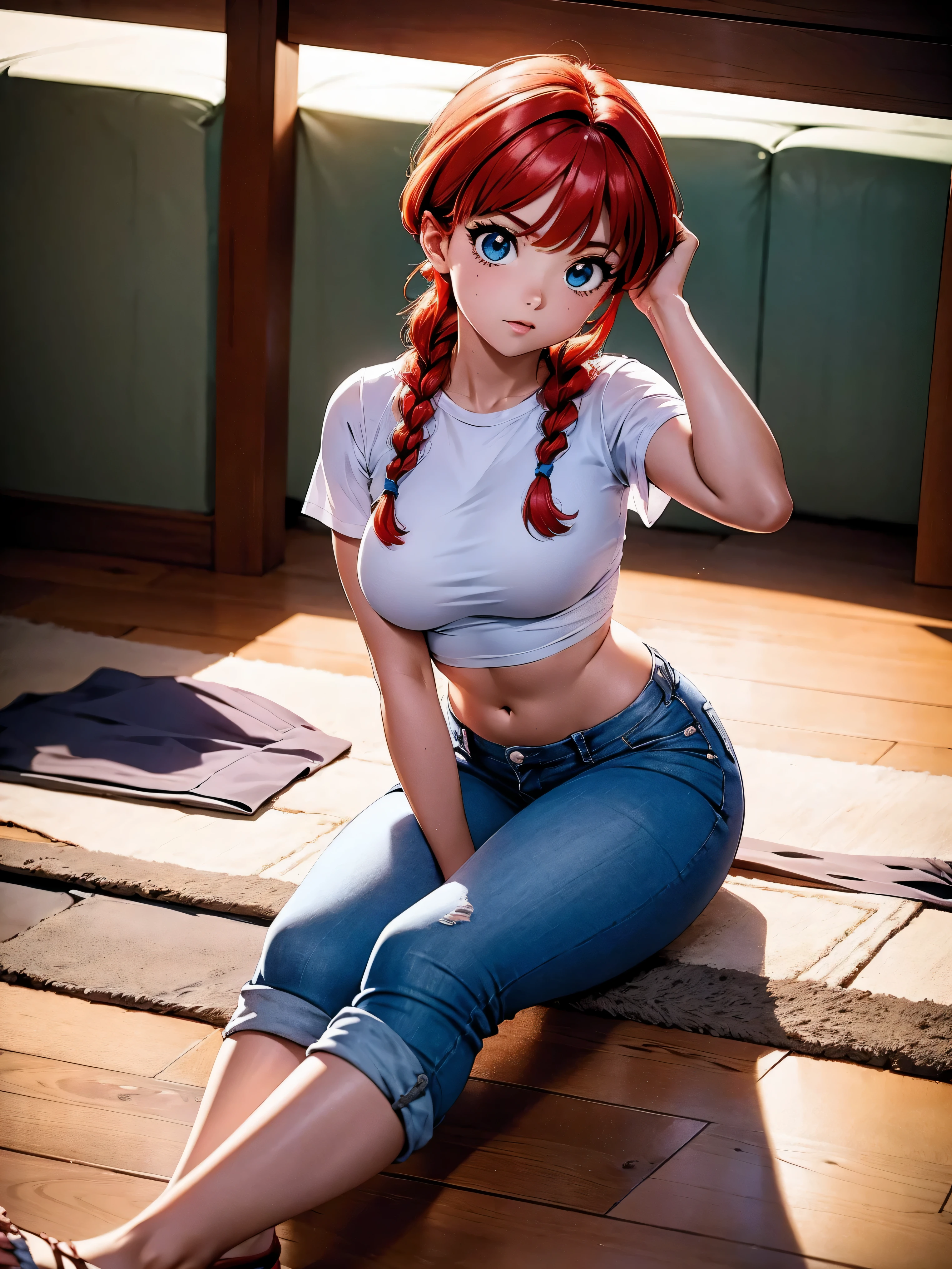 Garota anime ruiva com bermuda jeans azul e blusa purple roxa, 16 anos, agachada, sentada com pernas cruzadas, corpo bonito, seios grandes, with your hands behind your head, running your hands through your hair, garota sexy, red hair with braid, gorgeous lighting, sombras suaves, olhos azuis, pernas bonitas, hair with braid, estilo anime, Ranma Chan, Autora Rumiko Takahashi, Baseado em obra de Rumiko Takahashi, Anime Ranma 1/ 2, decote sexy, quadril robusto, corpo inteiro, corpo completo, busto grande, garota jovem com corpo belo e bonito, sandals on the feet, garota 16 anos jovem baixa estatura, vestindo bermuda jeans azul e blusa purple roxa linda, garota anime, estilo anime, beautiful feet in sandals, sitting on the floor, viewing angle 45°