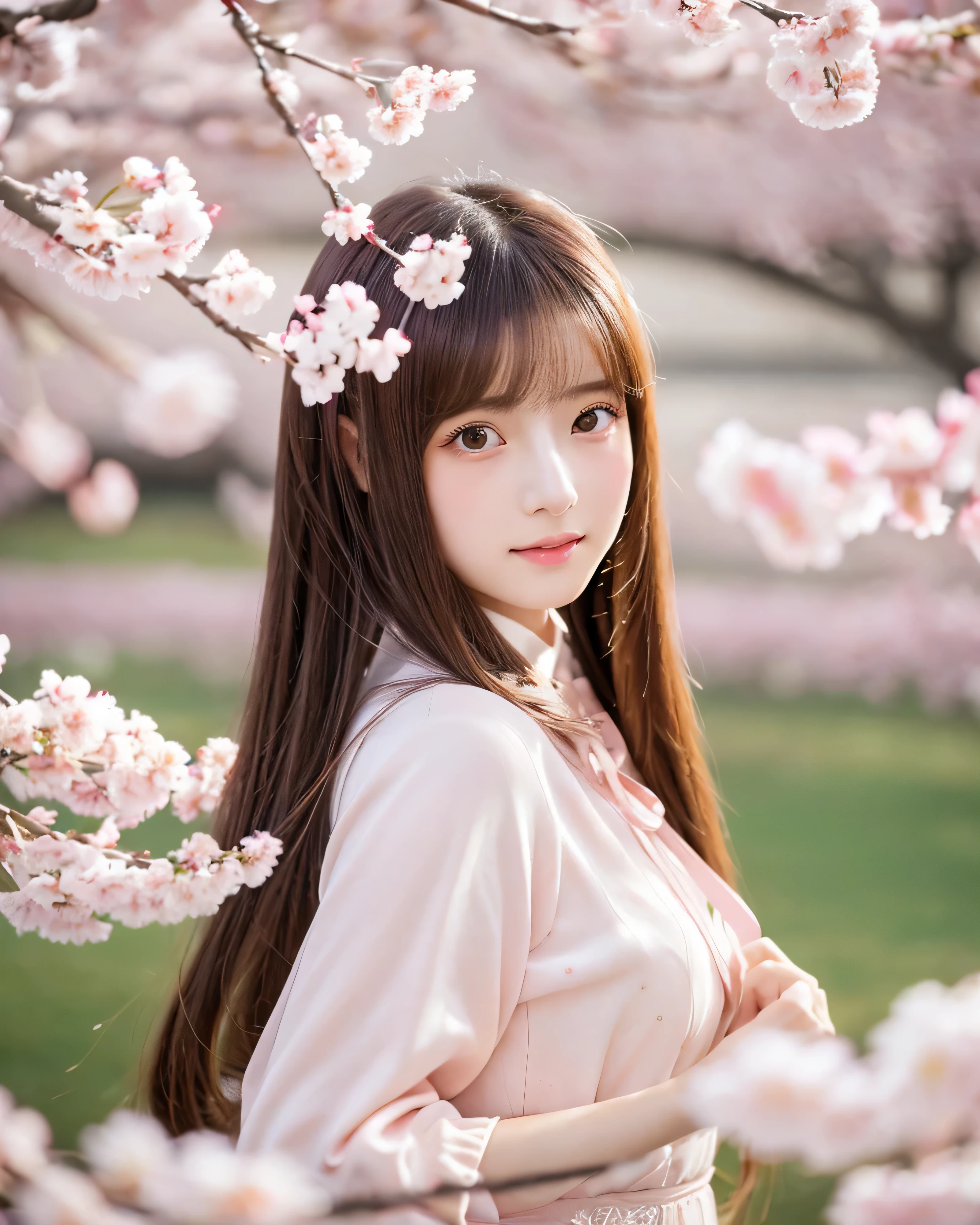 Japan Beautiful Girls 16 years old big magic eyes detailed beautiful eyes peach blossom Beautiful pale pink hair Detailed straight long hair smooth soft skin natural makeup Wearing light pink Han Chinese costume,Holding onto a cherry blossom branch,in the background, Cherry blossoms dotted along the beautiful row of cherry blossom trees,she is a kind person, cute, スレンダーなcute女の子