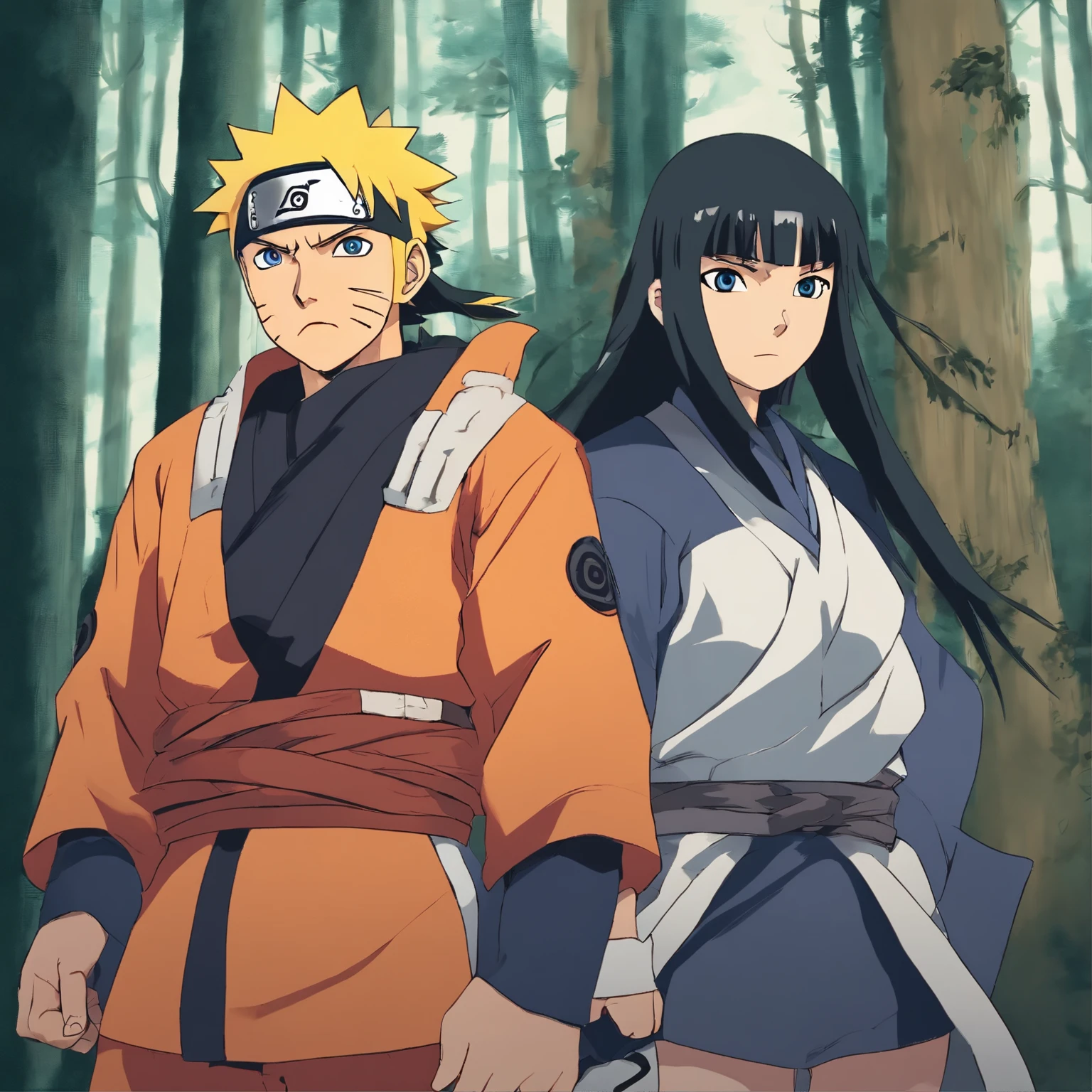 Naruto Uzumaki and Hinata Hyuuga find themselves on a dangerous mission. Naruto is wearing his iconic ninja costume: uma jaqueta laranja vibrante, black pants, sandals and a headband with the Konoha symbol. Your blonde hair is spiky, and your blue eyes show determination and courage.
Hinata is wearing a similar ninja outfit, com uma jaqueta azul escuro, black pants e sandálias. Her black hair is tied in a loose ponytail, and her pearly eyes express her determination and confidence, showing the strength of Byakugan.
The two are in a dense forest, with tall trees and dark shadows. The air is charged with tension, indicating the presence of nearby enemies. Naruto e Hinata se movem com cautela, prontos para enfrentar qualquer desafio que surgir em seu caminho. Apesar do perigo iminente, their determination and bond as a team keeps them grounded and ready to face whatever lies ahead.