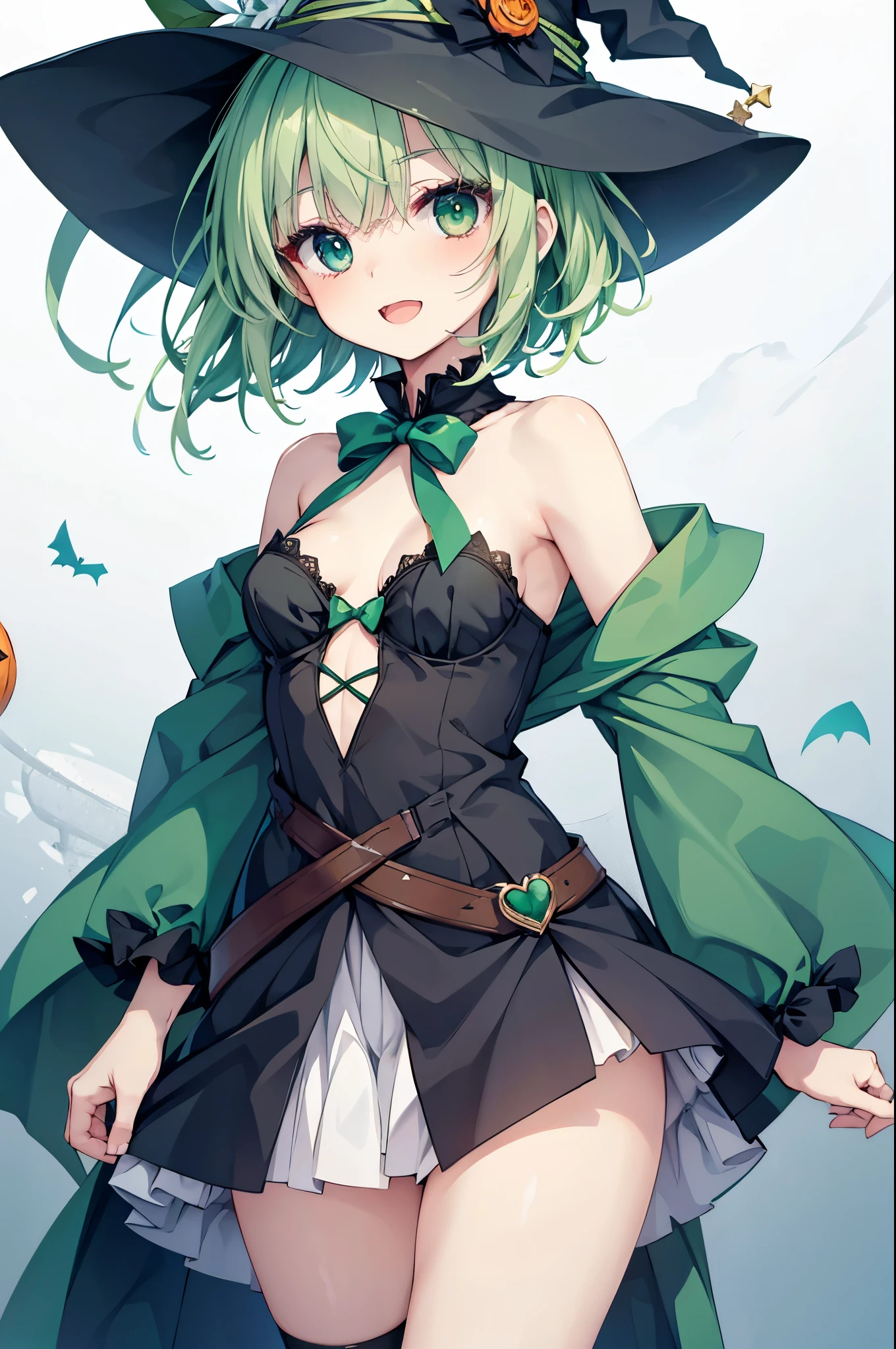 ,small breasts,smile with open mouth,short green hair,Halloween Costumes,witch,simple background ,hair ornaments,heterochromia,Blue and green eyes,best image quality,highest quality