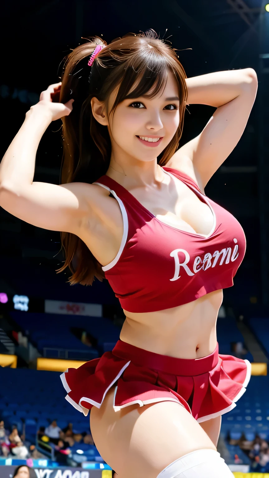 （(highest quality，High resolution，8k images、masterpiece：1.3)),Japan Female Face、20-year-old、smile,、artistic figure woman、(big breasts:1,3)、Cheerleader、Cheerleader costume、cleavage、((arena))、Expose belly、mini skirt、Twin tail hairstyle、(((dynamic movement:1.3)))、Right hand、