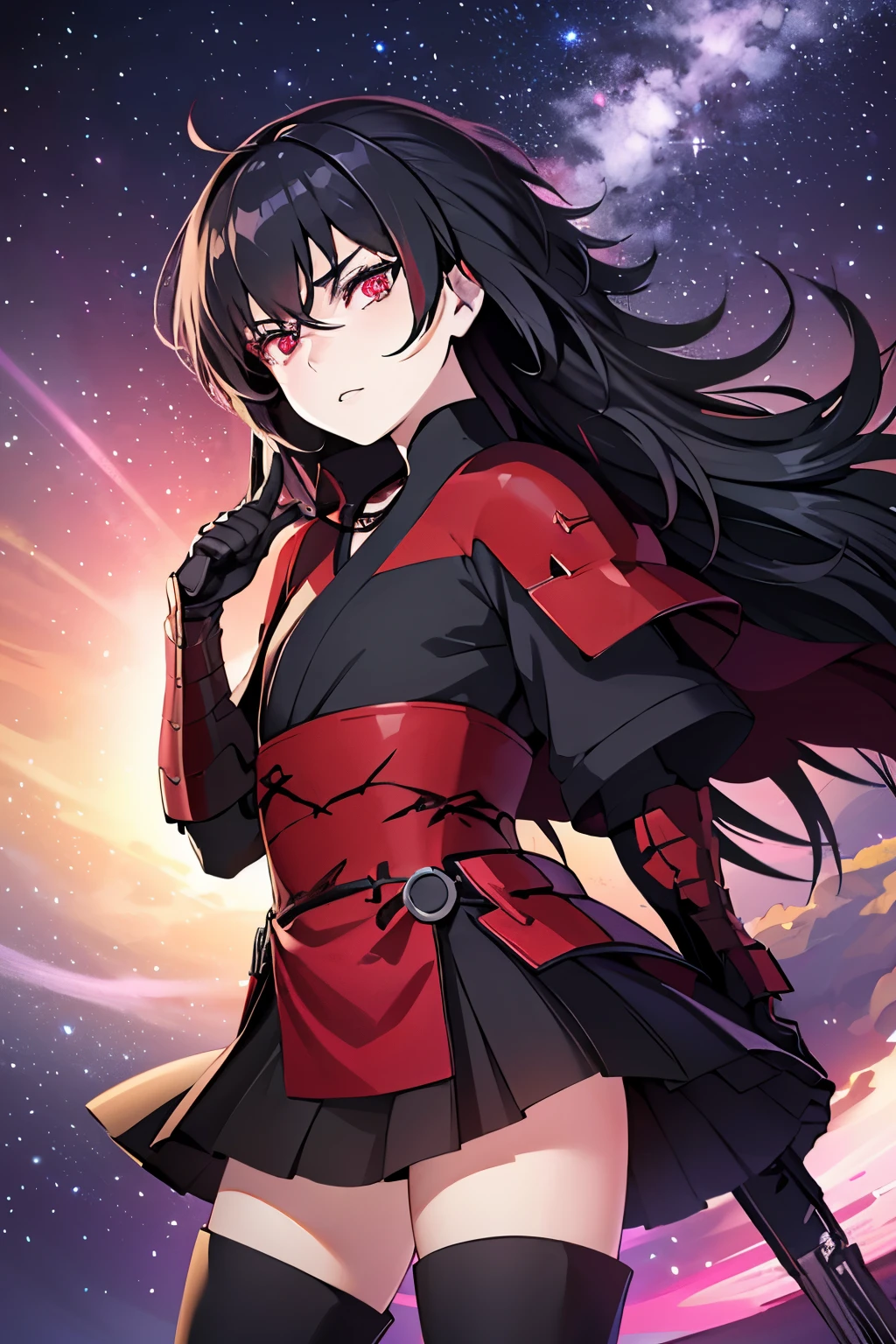 Anime, Girl, (((1girl))), (((Waifu, Raven Branwen, Raven Branwen Waifu))), (((Black Hair, Messy Hair))), ((Crimson Red Eyes eyes: 1.3, Upturned Eyes: 1, Perfect Eyes, Beautiful Detailed Eyes, Gradient eyes: 1, Finely Detailed Beautiful Eyes: 1, Symmetrical Eyes: 1, Big Highlight On Eyes: 1.2)), (((Lustrous Skin: 1.5, Bright Skin: 1.5, Skin Fair, Shiny Skin, Very Shiny Skin, Shiny Body, Plastic Glitter Skin, Exaggerated Shiny Skin, Illuminated Skin))), (Detailed Body, (Detailed Face)), Young, ****ta, (Best Quality), (((Bicep-high Gauntlets, Armored Boots, Thigh-high Heeled Boots, Armored Gauntlets))), (((Battle Kimono))), (((Skirt))), High Resolution, Sharp Focus, Ultra Detailed, Extremely Detailed, Extremely High Quality Artwork, (Realistic, Photorealistic: 1.37), 8k_Wallpaper, (Extremely Detailed CG 8k), (Very Fine 8K CG), ((Hyper Super Ultra Detailed Perfect Piece)), (((Flawless masterpiece))), Illustration, Vibrant Colors, (Intricate), High Contrast, Selective Lighting, Double Exposure, HDR (High Dynamic Range), Post-processing, Background Blur