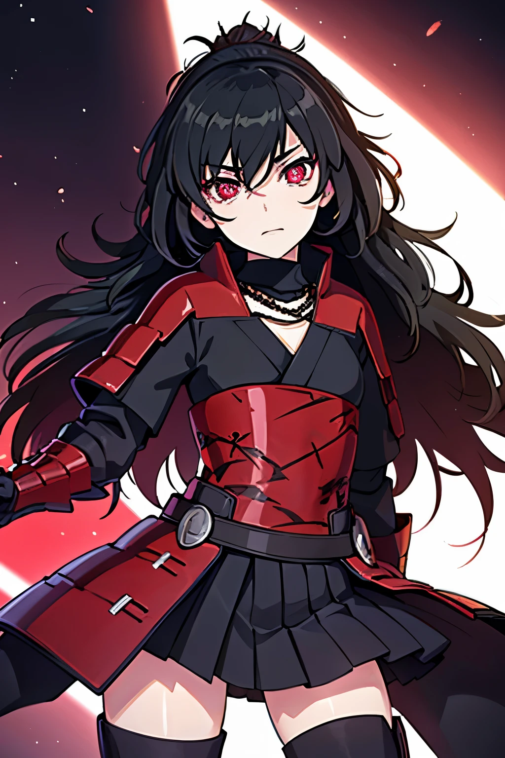 Anime, Girl, (((1girl))), (((Waifu, Raven Branwen, Raven Branwen Waifu))), (((Black Hair, Messy Hair))), ((Crimson Red Eyes eyes: 1.3, Upturned Eyes: 1, Perfect Eyes, Beautiful Detailed Eyes, Gradient eyes: 1, Finely Detailed Beautiful Eyes: 1, Symmetrical Eyes: 1, Big Highlight On Eyes: 1.2)), (((Lustrous Skin: 1.5, Bright Skin: 1.5, Skin Fair, Shiny Skin, Very Shiny Skin, Shiny Body, Plastic Glitter Skin, Exaggerated Shiny Skin, Illuminated Skin))), (Detailed Body, (Detailed Face)), Young, ****ta, (Best Quality), (((Bicep-high Gauntlets, Armored Boots, Thigh-high Heeled Boots, Armored Gauntlets))), (((Battle Kimono))), (((Skirt))), High Resolution, Sharp Focus, Ultra Detailed, Extremely Detailed, Extremely High Quality Artwork, (Realistic, Photorealistic: 1.37), 8k_Wallpaper, (Extremely Detailed CG 8k), (Very Fine 8K CG), ((Hyper Super Ultra Detailed Perfect Piece)), (((Flawless masterpiece))), Illustration, Vibrant Colors, (Intricate), High Contrast, Selective Lighting, Double Exposure, HDR (High Dynamic Range), Post-processing, Background Blur