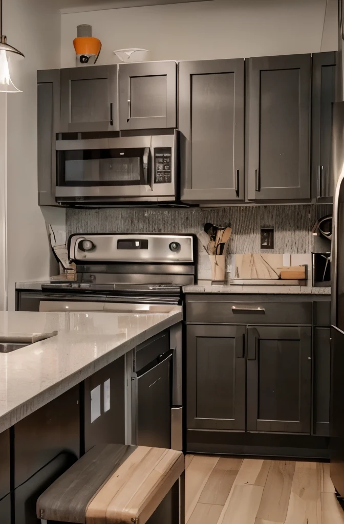 image of a warm cozy and modern kitchen, gray-ish tone, gray fridge,lots of polaroids and pictures on the wall, stickers on the refrigerator, oven and microwave, sink and other kitchen elements, lovely kitchen with a slight lighting, camera from corner