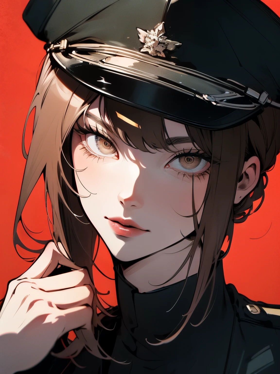 Generate an artwork of the highest quality (1.2) that shows a close-up of the eyes with an emphasis on dark horror film elements. The image should feature a single German female character, alone, with **shiny dark brown hair** and **deep, pitch-black eyes**, a fringe and medium-sized breasts. She should be dressed in German military uniform, using a characteristic anime style. The German character should have an intense gaze and a psychopathic expression (male: 1.2), and should be looking directly at the viewer as if in an interview (interview: 1.3). The background should be dark and should be blurred to give a realistic effect (dark, hellish red background, detailed background with supernatural monsters around it).