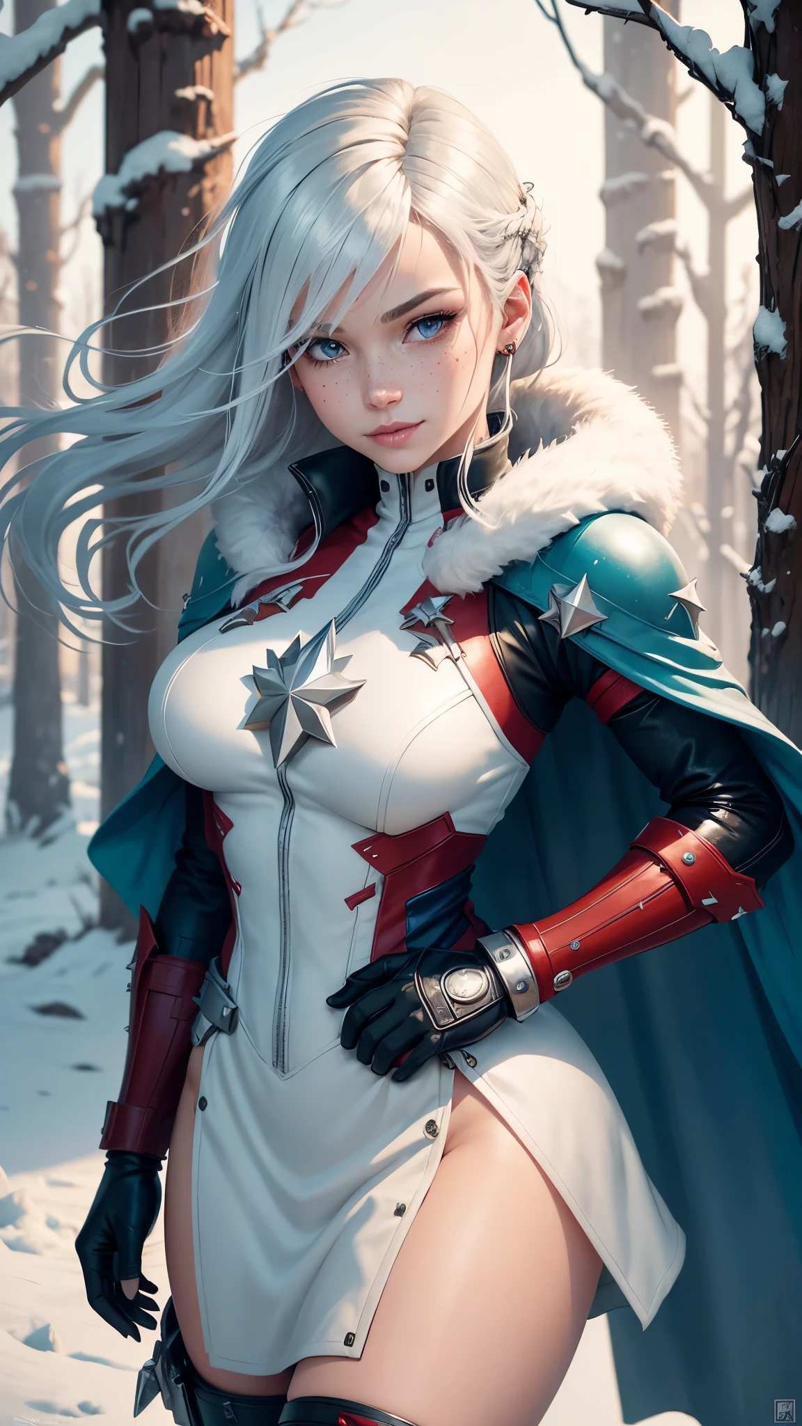 gwen tennyson,captain marvel,yorha 2b,solo girl,overwatch,atelier ryza,close up,winter forest,viking village,rune tattoos,fur and white plugsuit,winter viking linen shirt,royal red viking cape,spiked viking armor,lycra mini skirt,long dress train,short viking hair,viking makeup,blue eyes,multicolored silver hair, spiked gloves,y smile,freckles,beautiful girl,knee high spiked boots,large bre,ultra detailed,realistic,fantasy art,viking armor,hair pin,ear piercings,(weather:windy),