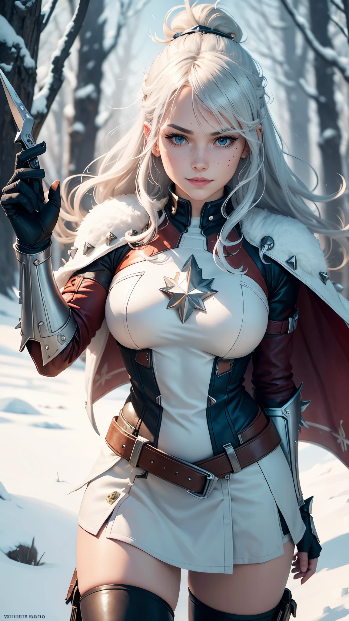 gwen tennyson,captain marvel,yorha 2b,solo girl,overwatch,atelier ryza,close up,winter forest,viking village,rune tattoos,fur and white plugsuit,winter viking linen shirt,royal red viking cape,spiked viking armor,lycra mini skirt,long dress train,short viking hair,viking makeup,blue eyes,multicolored silver hair, spiked gloves,sexy smile,freckles,beautiful girl,knee high spiked boots,large breasts,8k,ultra detailed,realistic,fantasy art,viking armor,hair pin,ear piercings,(weather:windy),