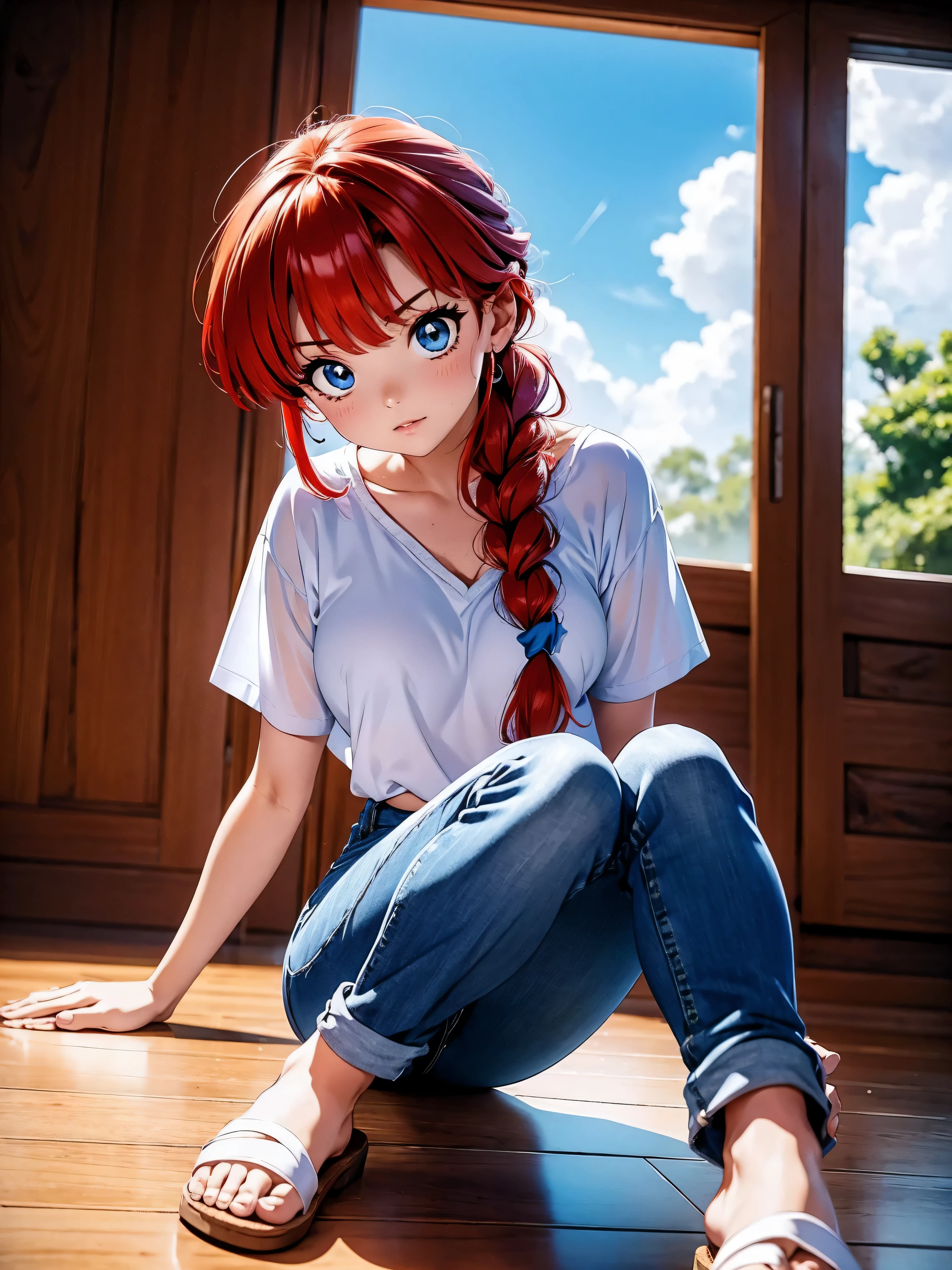 Garota anime ruiva com bermuda jeans azul e blusa purple roxa, 16 anos, agachada, sentada com pernas cruzadas, corpo bonito, seios grandes, with your hands behind your head, running your hands through your hair, garota sexy, red hair with braid, gorgeous lighting, sombras suaves, olhos azuis, pernas bonitas, hair with braid, estilo anime, Ranma Chan, Autora Rumiko Takahashi, Baseado em obra de Rumiko Takahashi, Anime Ranma 1/ 2, decote sexy, quadril robusto, corpo inteiro, corpo completo, busto grande, garota jovem com corpo belo e bonito, sandals on the feet, garota 16 anos jovem baixa estatura, vestindo bermuda jeans azul e blusa purple roxa linda, garota anime, estilo anime, beautiful feet in sandals, sitting on the floor, viewing angle 45°