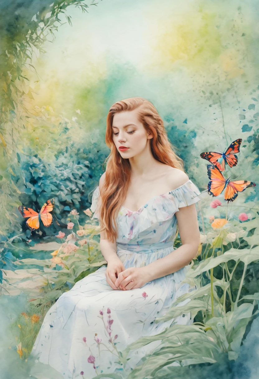 Une jeune femme dans un jardin secret, entourée d'une flore luxuriante et de papillons multicolores. La lumière filtrée crée une atmosphère sereine et apaisante. Le style de l'image est inspiré de la peinture à l'aquarelle