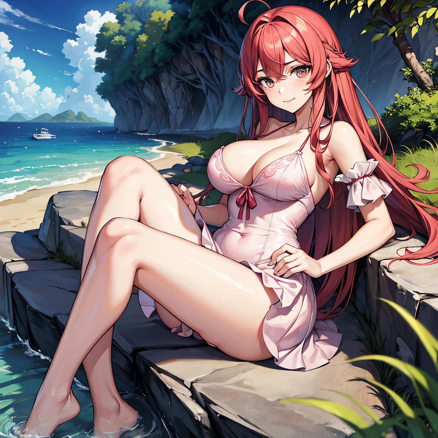 (masterpiece), 1girl, solo, best quality, expressive eyes, perfect face, (mature female), mother, red hair BREAK long hair, wavy hair, ahoge, pink sundress BREAK barefeet, hips, Big breasts, freckles, upper body, seaside, rocks, emotionless eyes, :/, crossed arms, wooden house